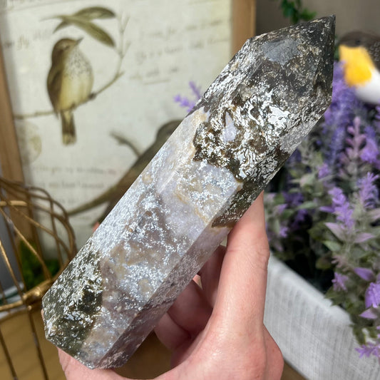 Large White Moss Agate Tower with Sea Jasper | Colorful Moss Agate