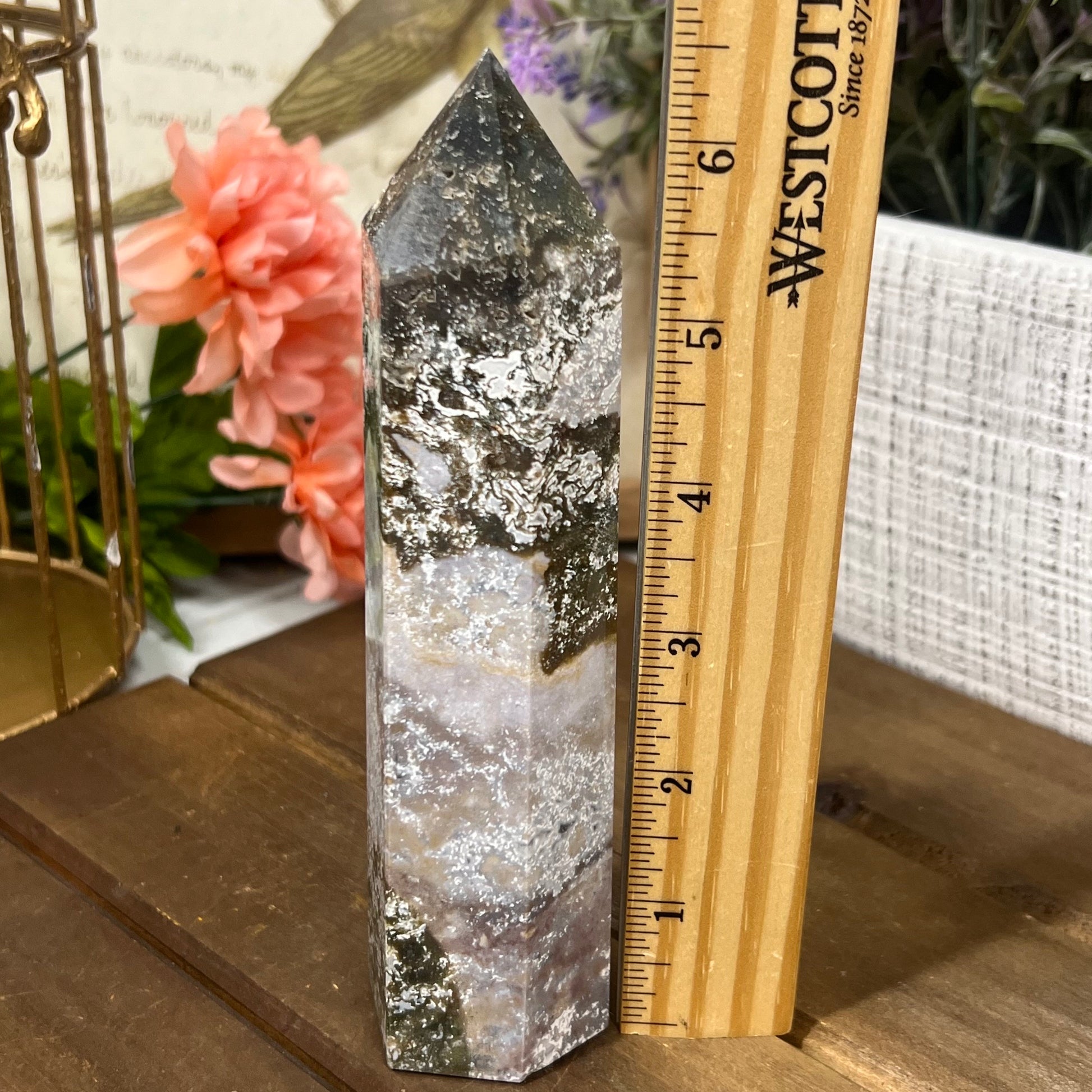 Large White Moss Agate Tower with Sea Jasper | Colorful Moss Agate