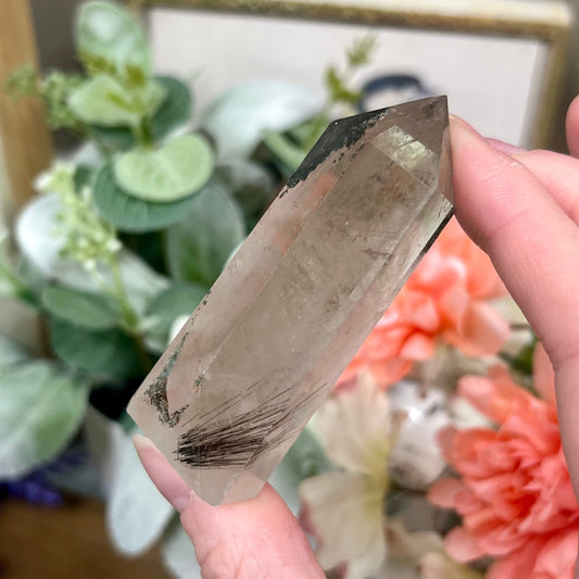 High Quality Black Rutile and Green Chlorite in Quartz Tower | Tourmalinated Quartz