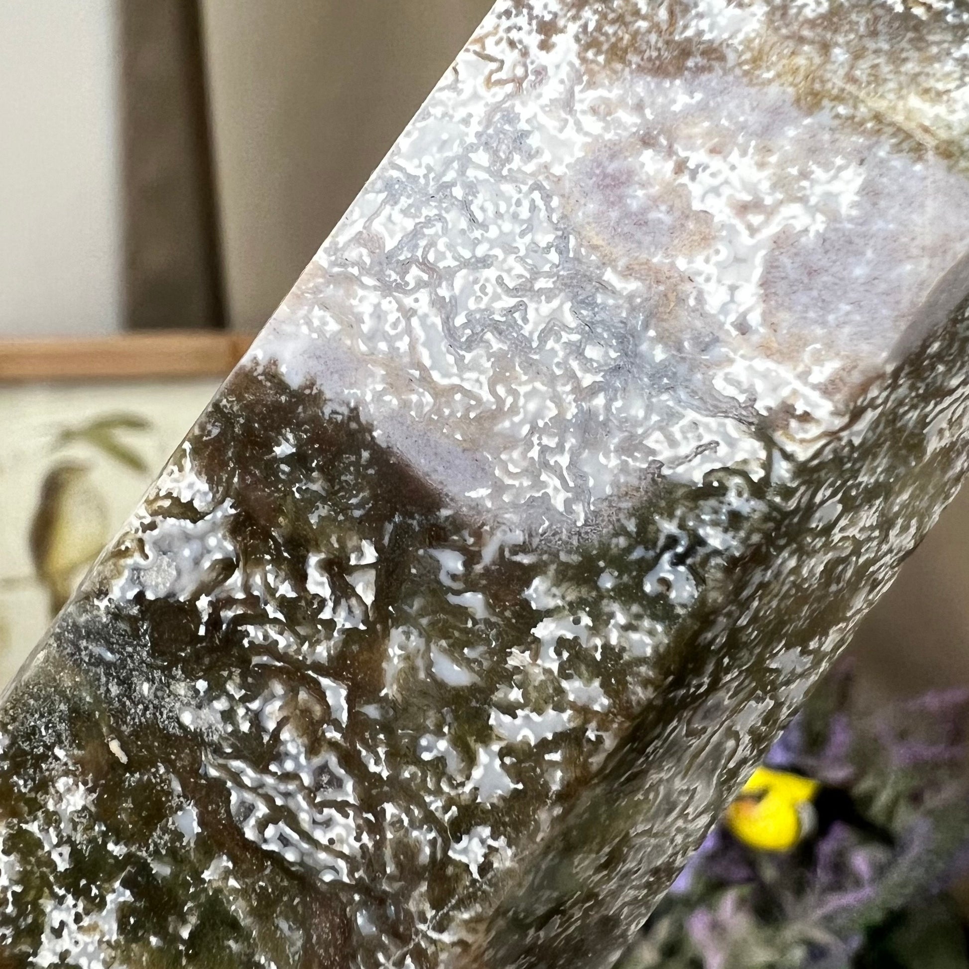 Large White Moss Agate Tower with Sea Jasper | Colorful Moss Agate