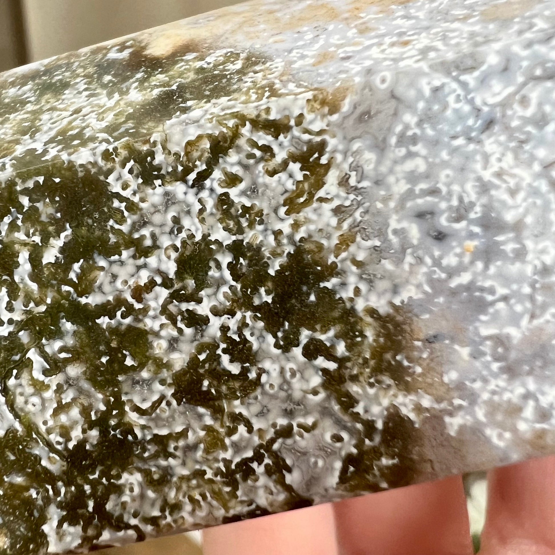 Large White Moss Agate Tower with Sea Jasper | Colorful Moss Agate