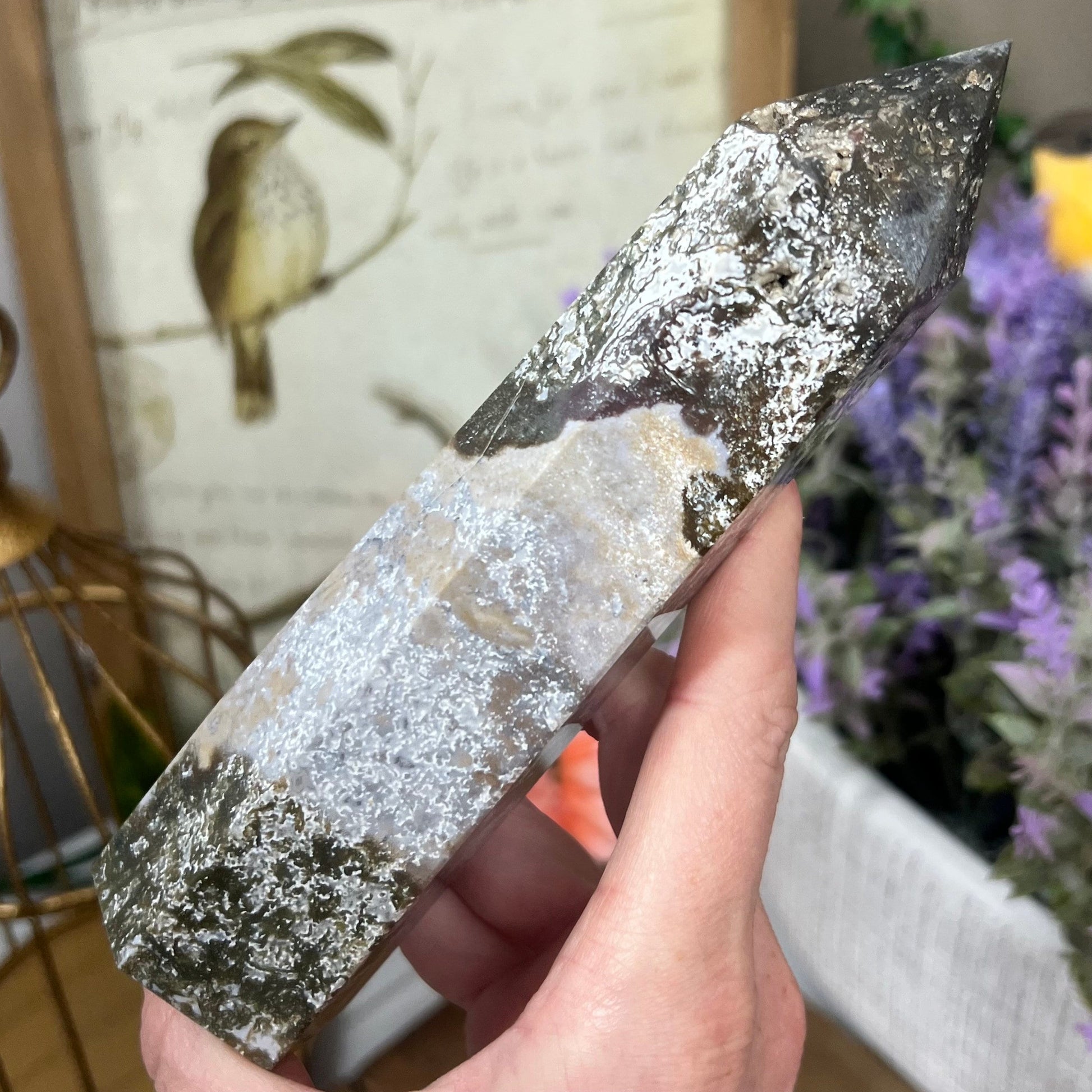 Large White Moss Agate Tower with Sea Jasper | Colorful Moss Agate