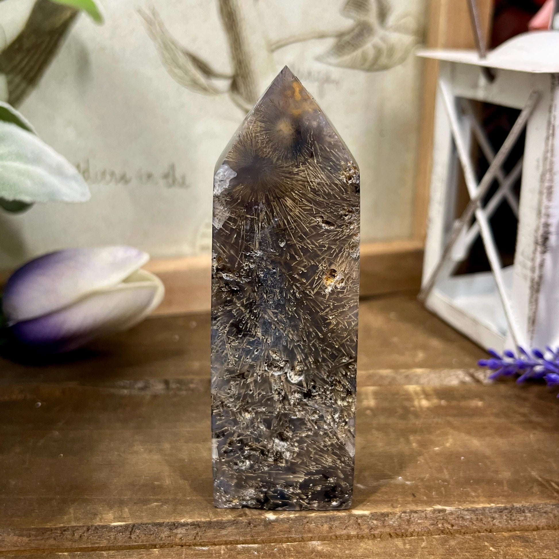 Rare Rutilated Moss Agate Tower | Unique Moss Agate | Rutilated Agate | Rutile