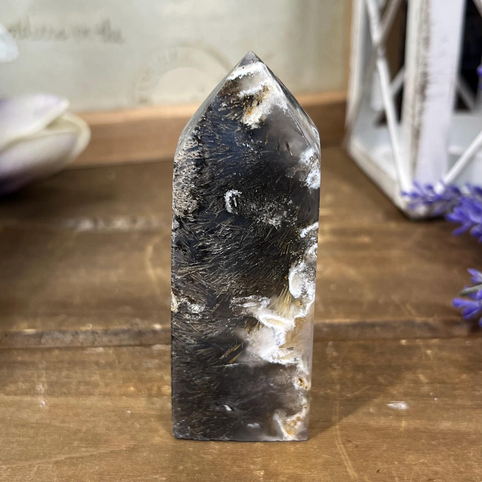 Rare Rutilated Moss Agate Tower | Unique Moss Agate | Rutilated Agate | Rutile