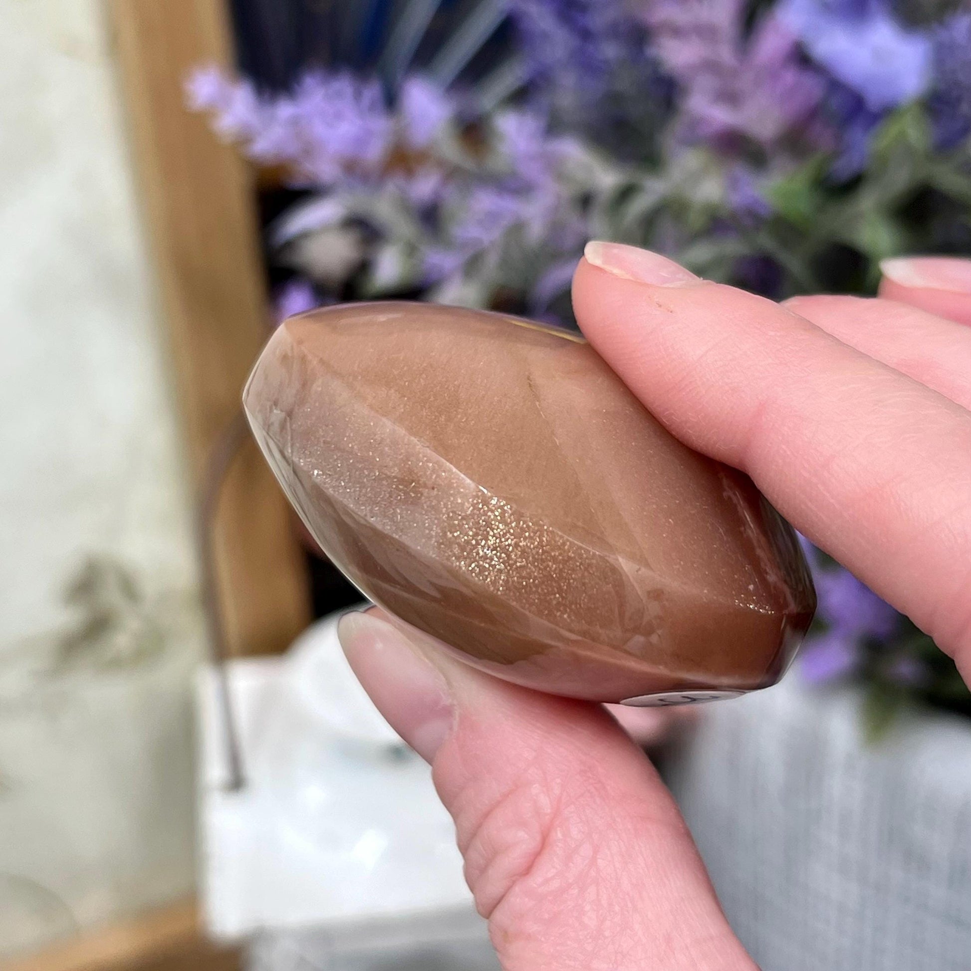 Flashy Peach Moonstone with Sunstone Palm | Confetti Sunstone | Rainbow Sunstone Palm Stone