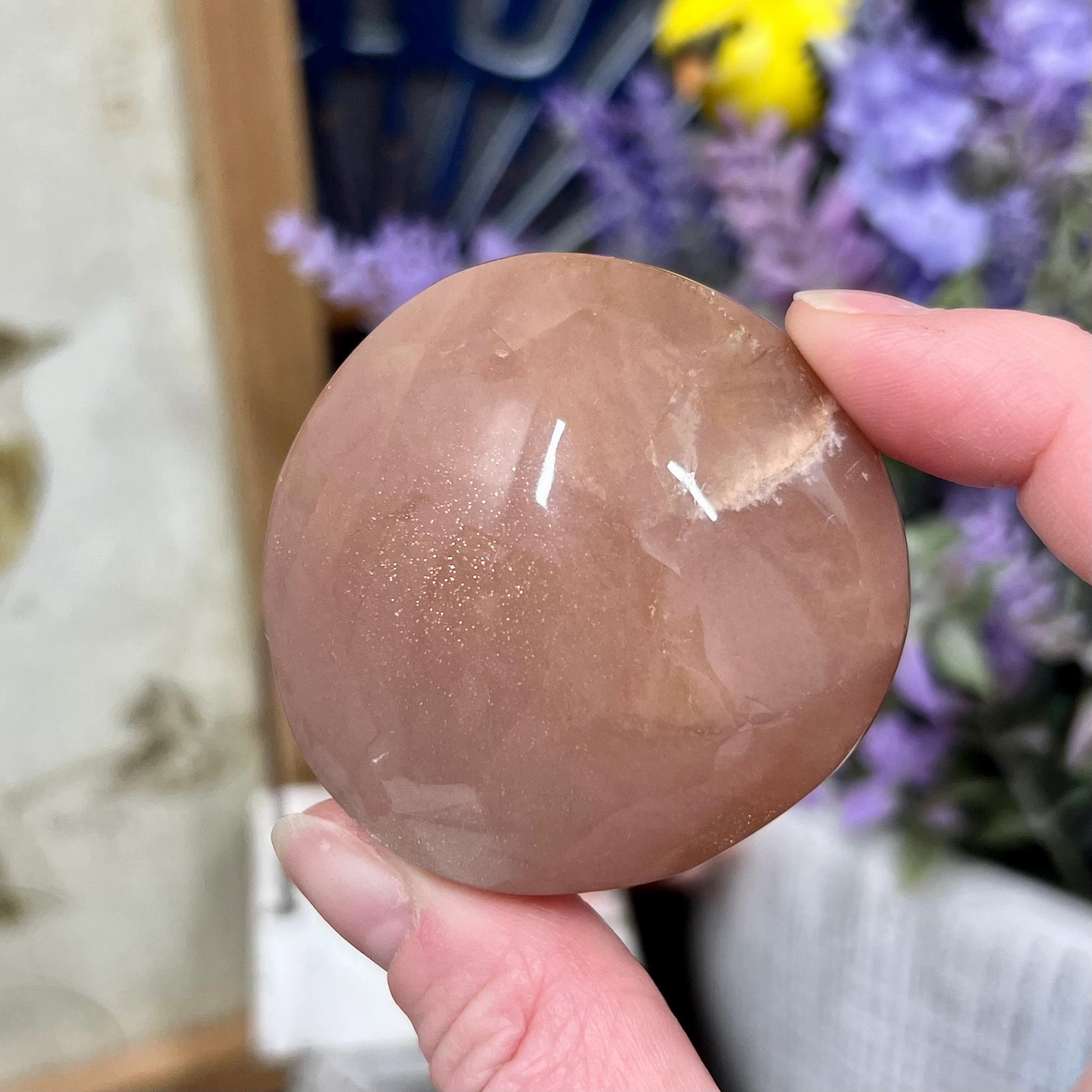 Flashy Peach Moonstone with Sunstone Palm | Confetti Sunstone | Rainbow Sunstone Palm Stone