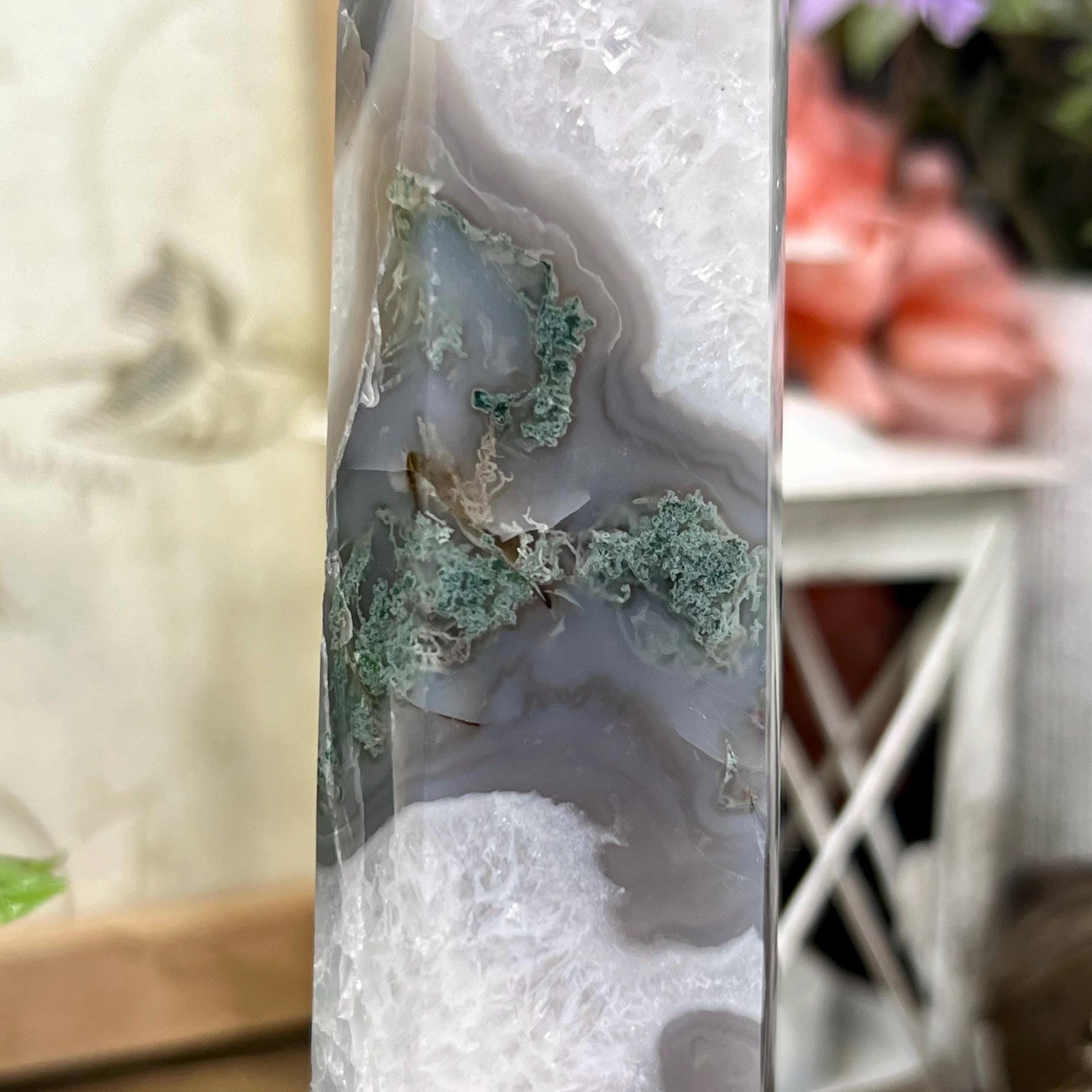 Large High Quality Moss Agate Tower with Quartz