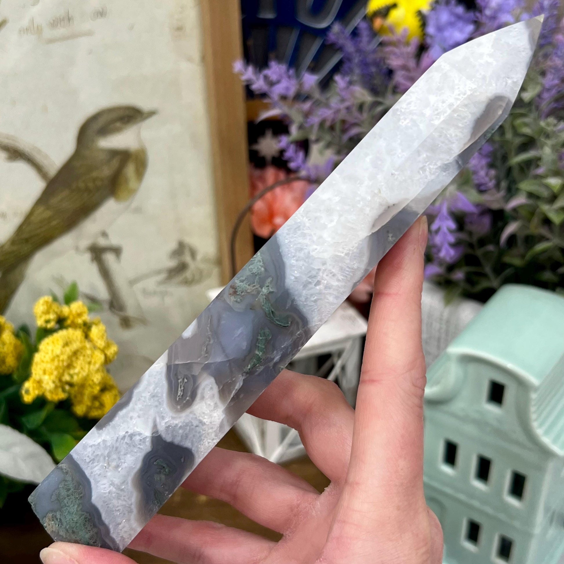 Large High Quality Moss Agate Tower with Quartz