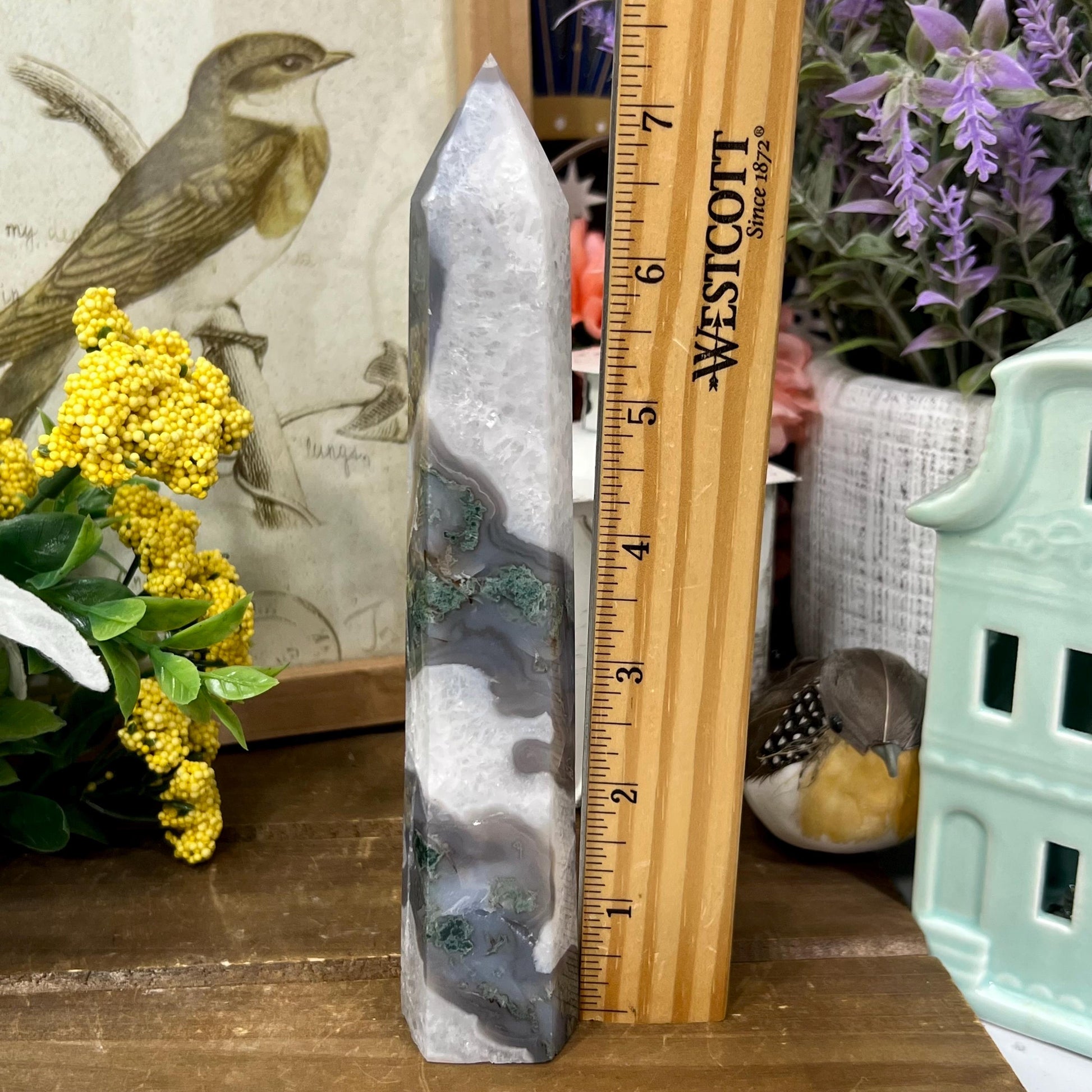 Large High Quality Moss Agate Tower with Quartz