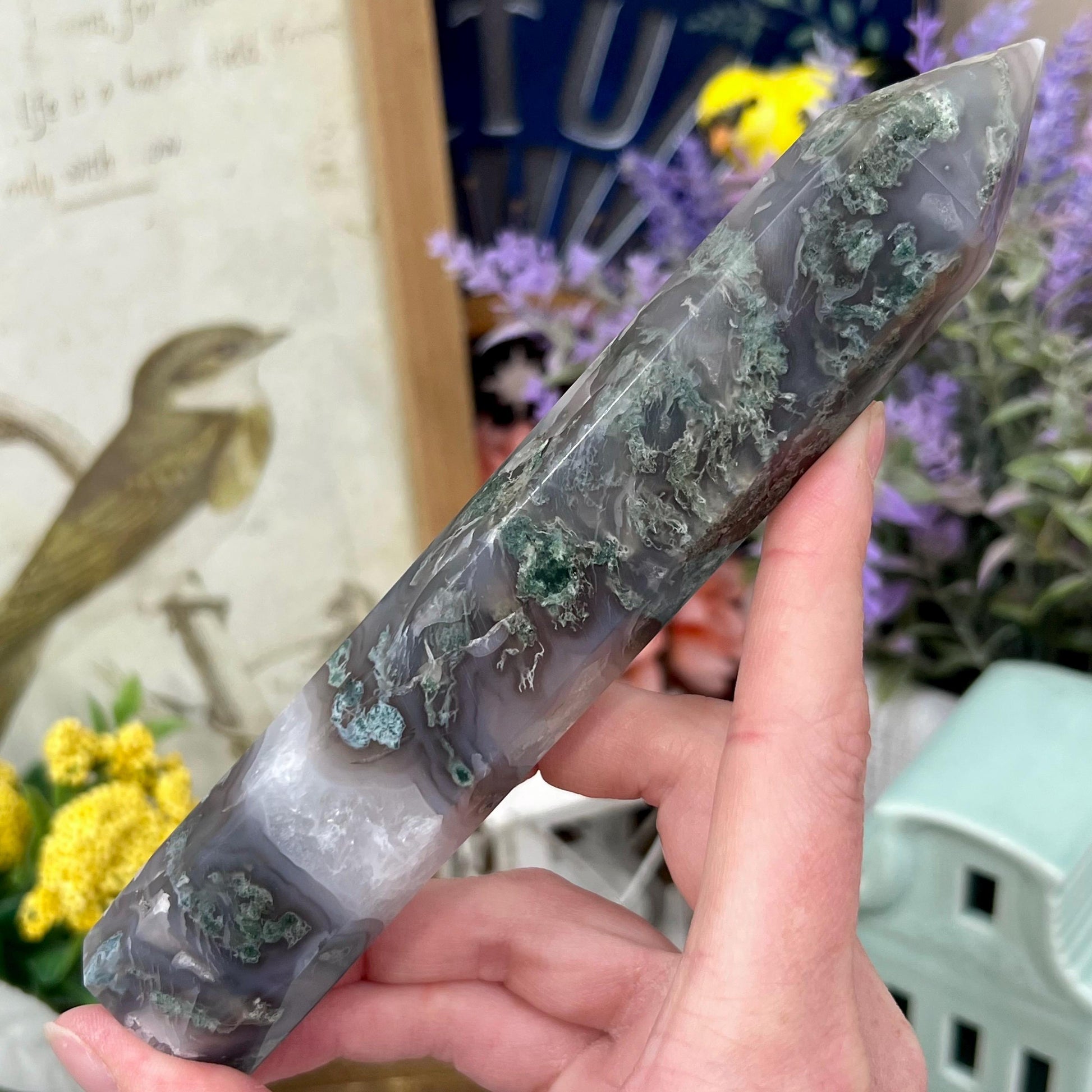 High Quality Moss Agate Tower | Druzy Moss Agate - CHIPPED TIP