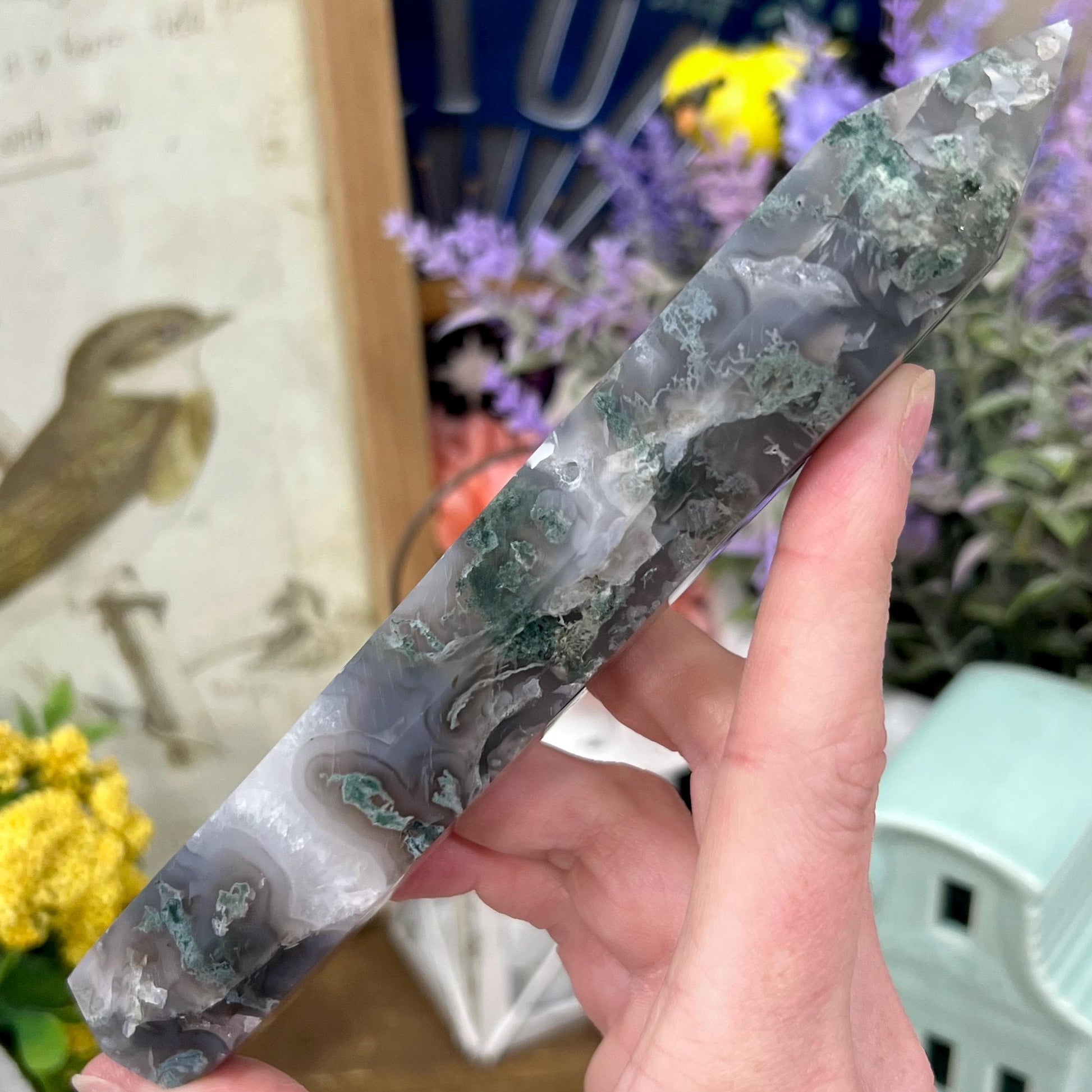 High Quality Moss Agate Tower | Druzy Moss Agate - CHIPPED TIP