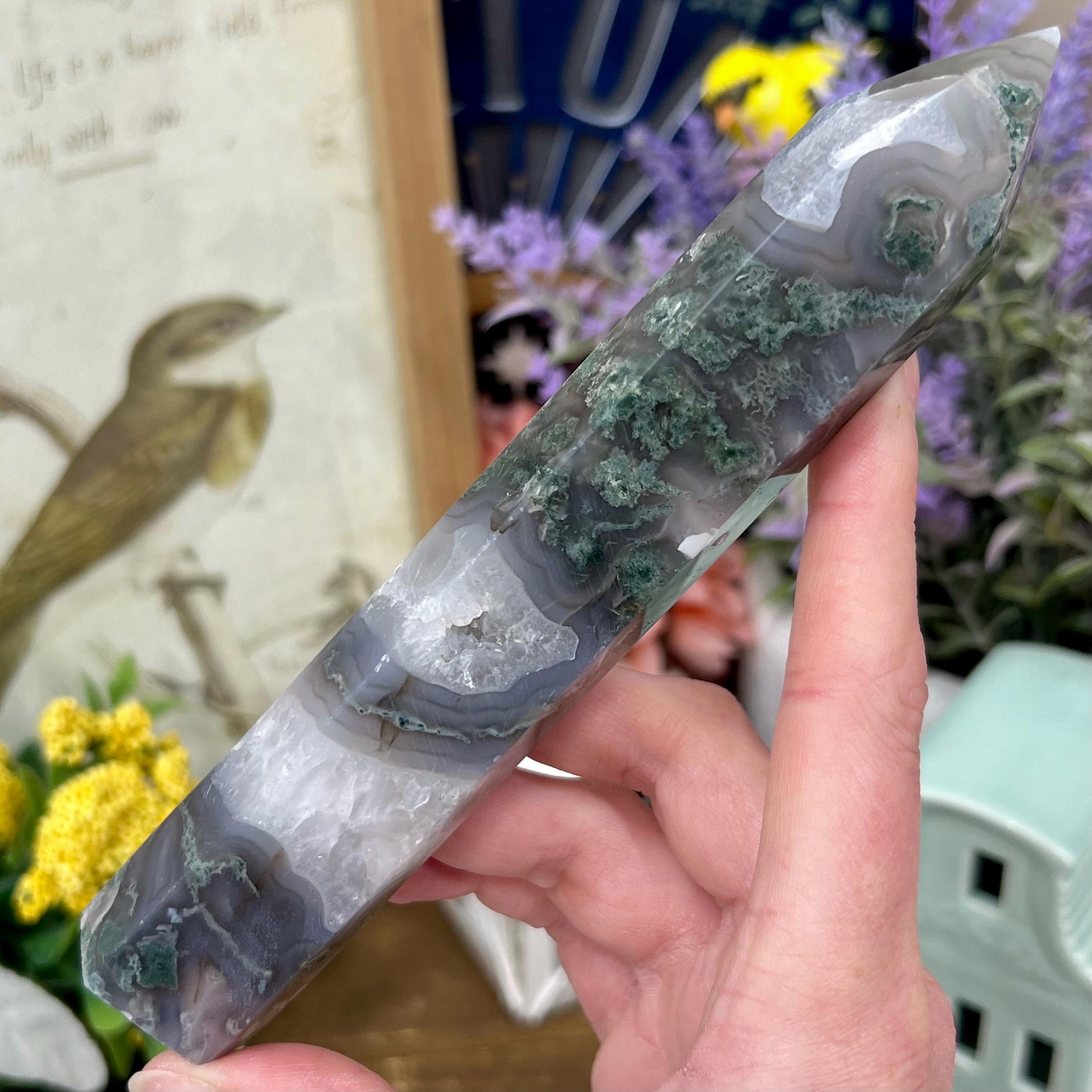 High Quality Moss Agate Tower | Druzy Moss Agate - CHIPPED TIP