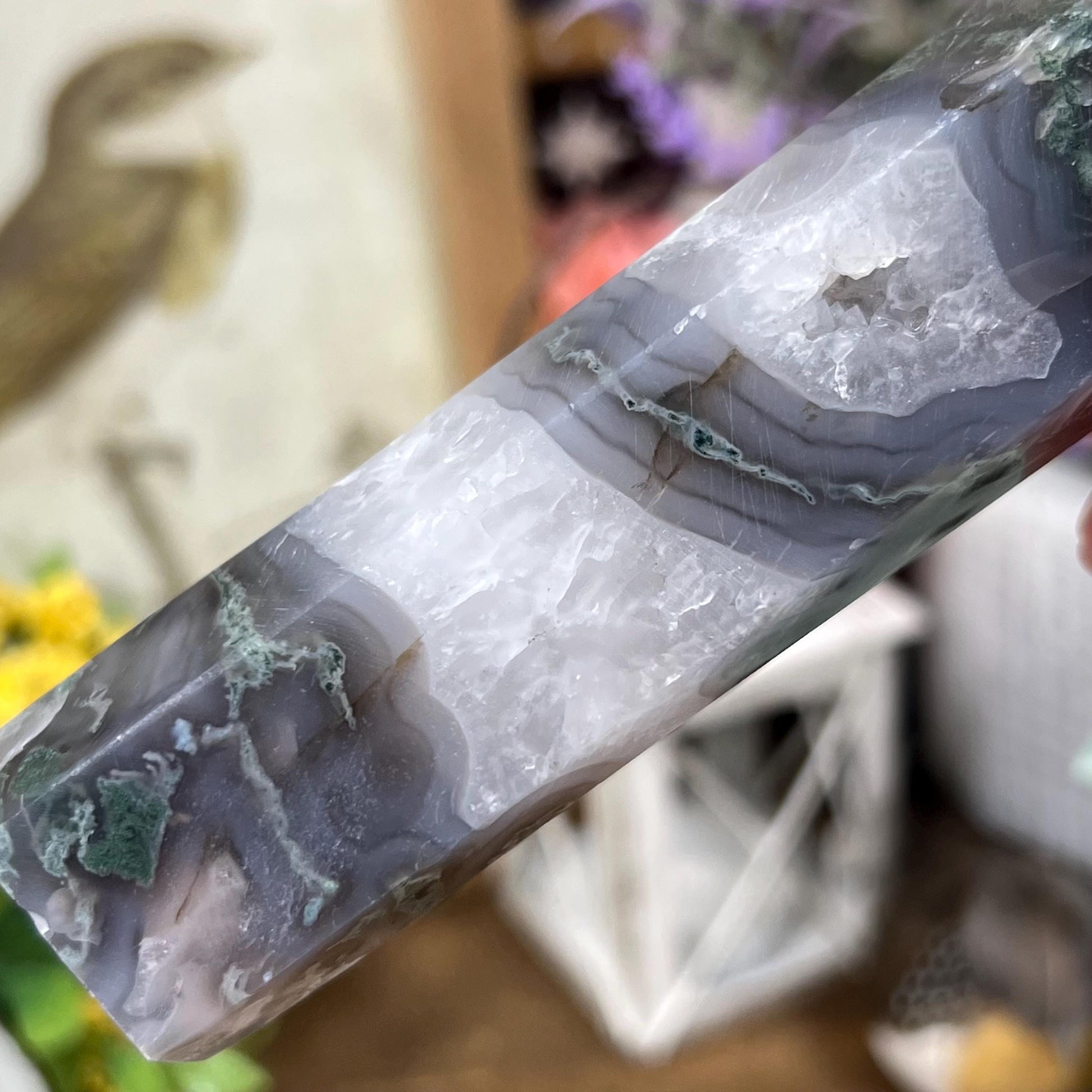 High Quality Moss Agate Tower | Druzy Moss Agate - CHIPPED TIP