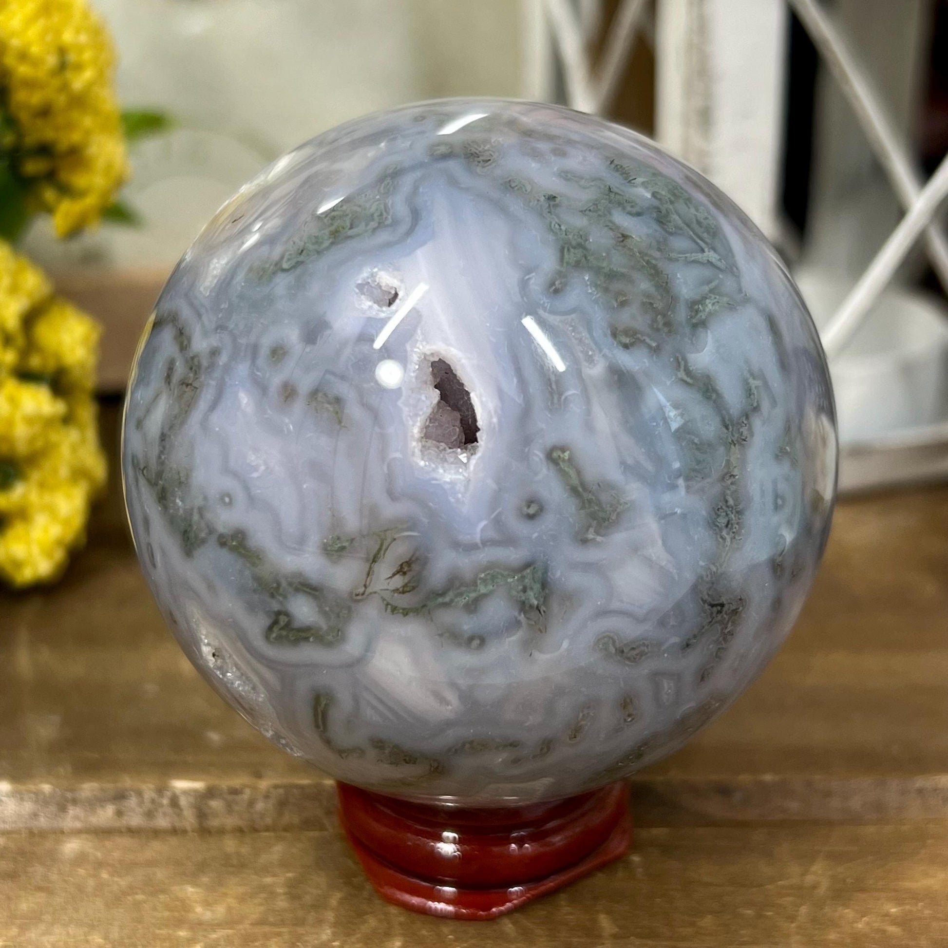 Druzy Moss Agate Sphere | Blue Moss Agate