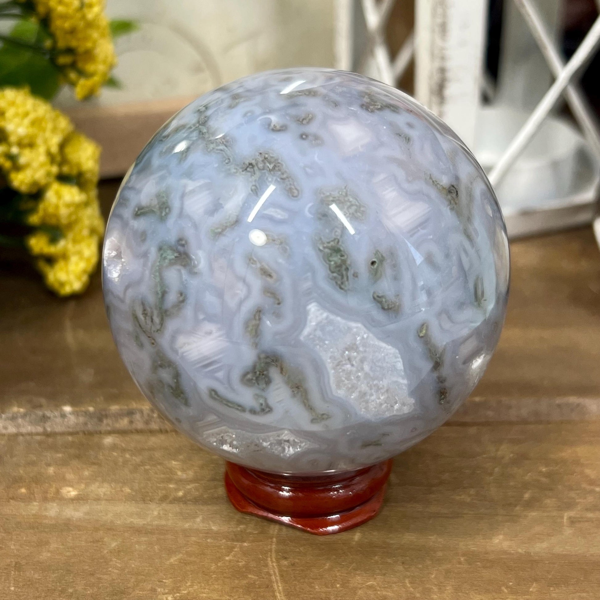 Druzy Moss Agate Sphere | Blue Moss Agate