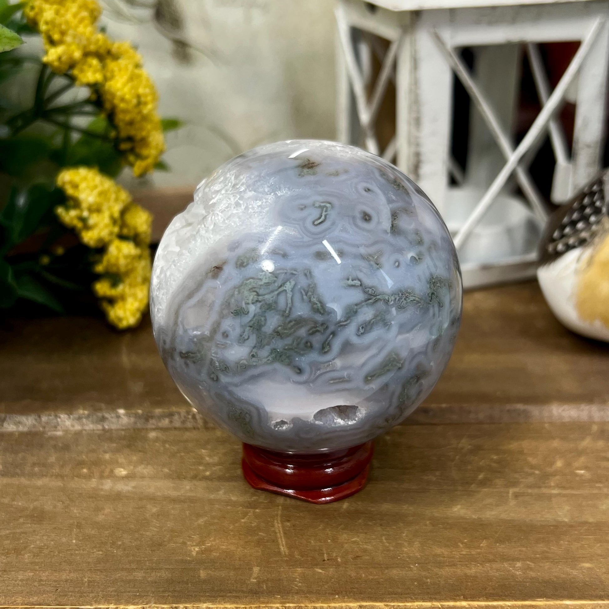 Druzy Moss Agate Sphere | Blue Moss Agate