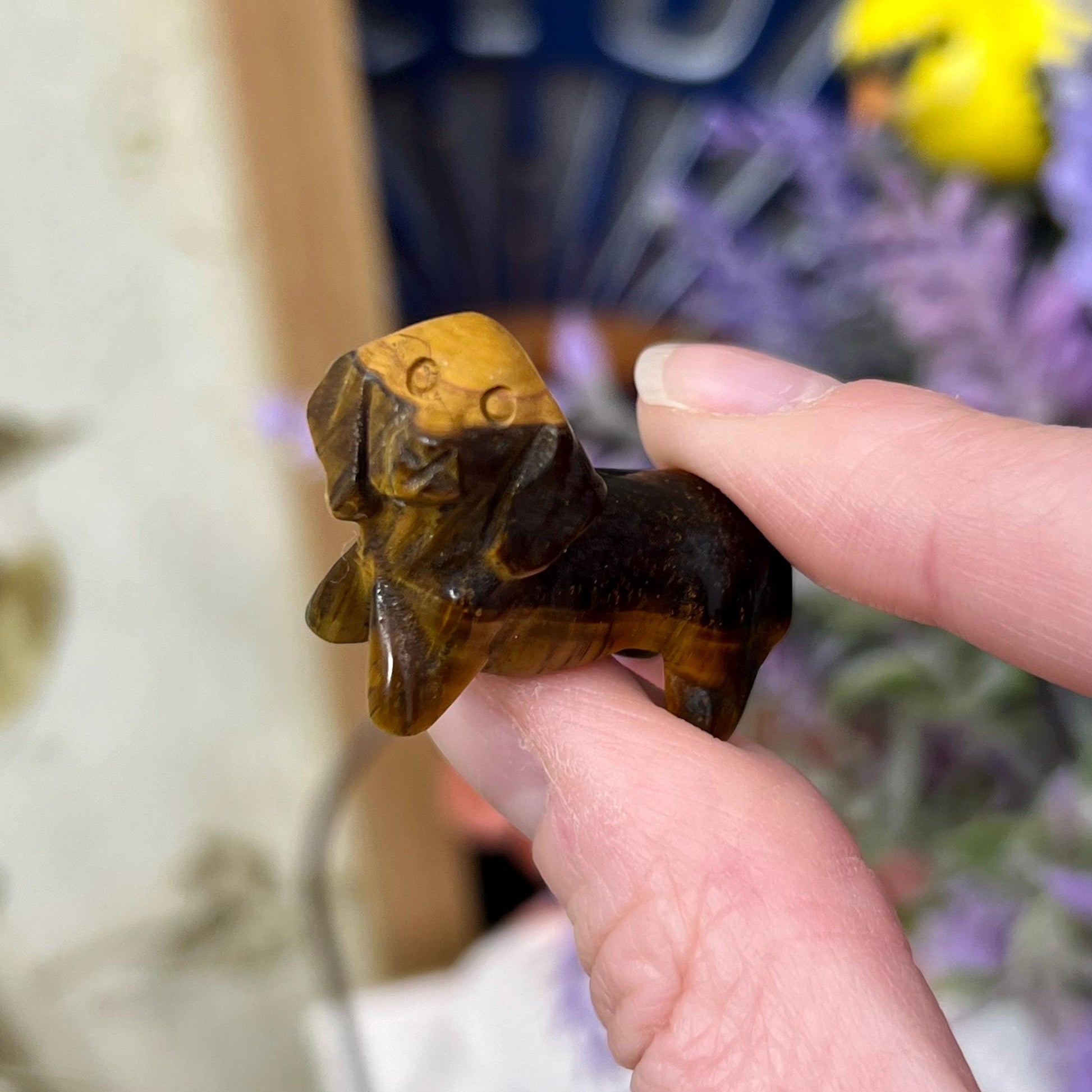 Small Tiger’s Eye Dog Carving | Crystal Dog | Dachshund Carving | Flashy Tiger Eye