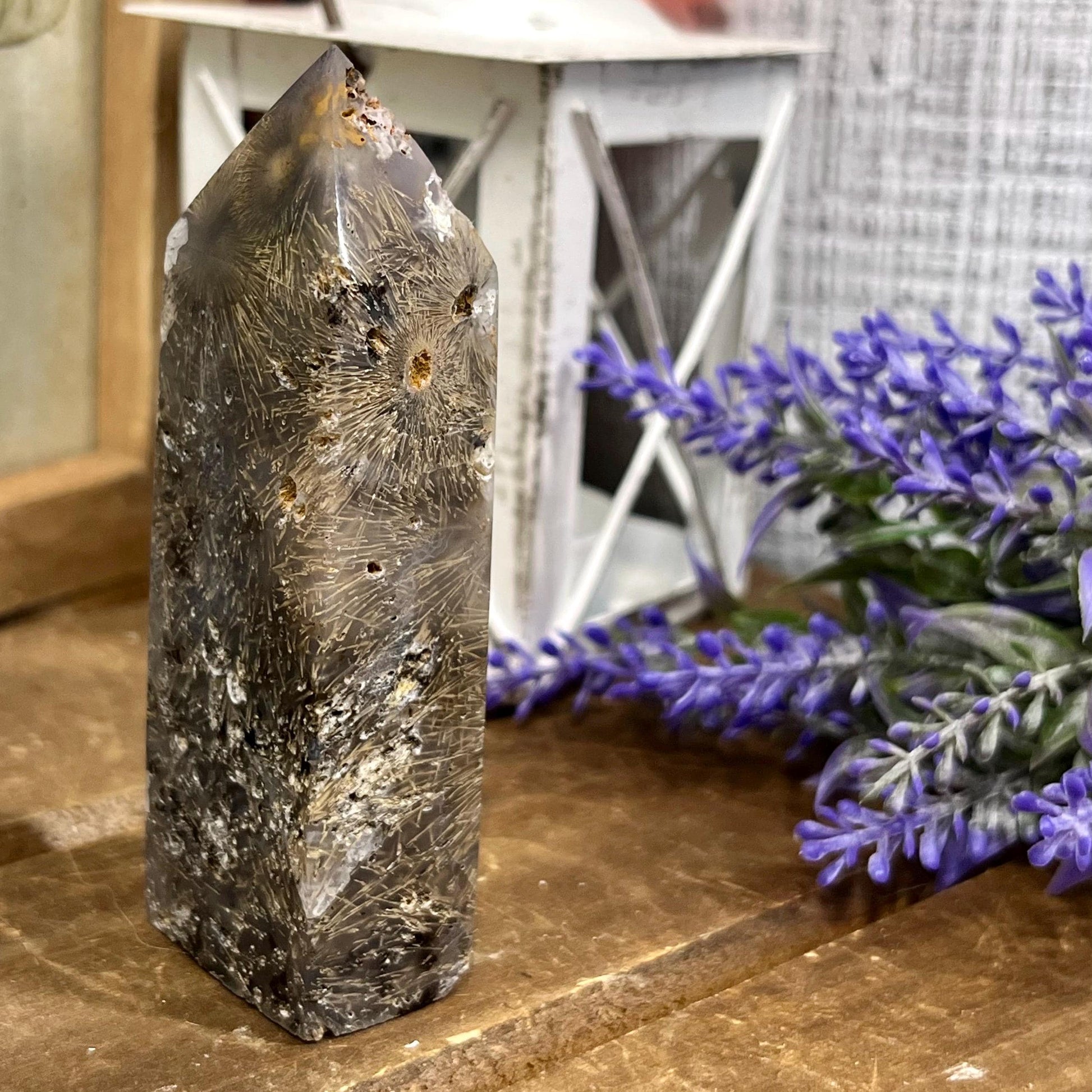 Rare Rutilated Moss Agate Tower | Unique Moss Agate | Rutilated Agate | Rutile