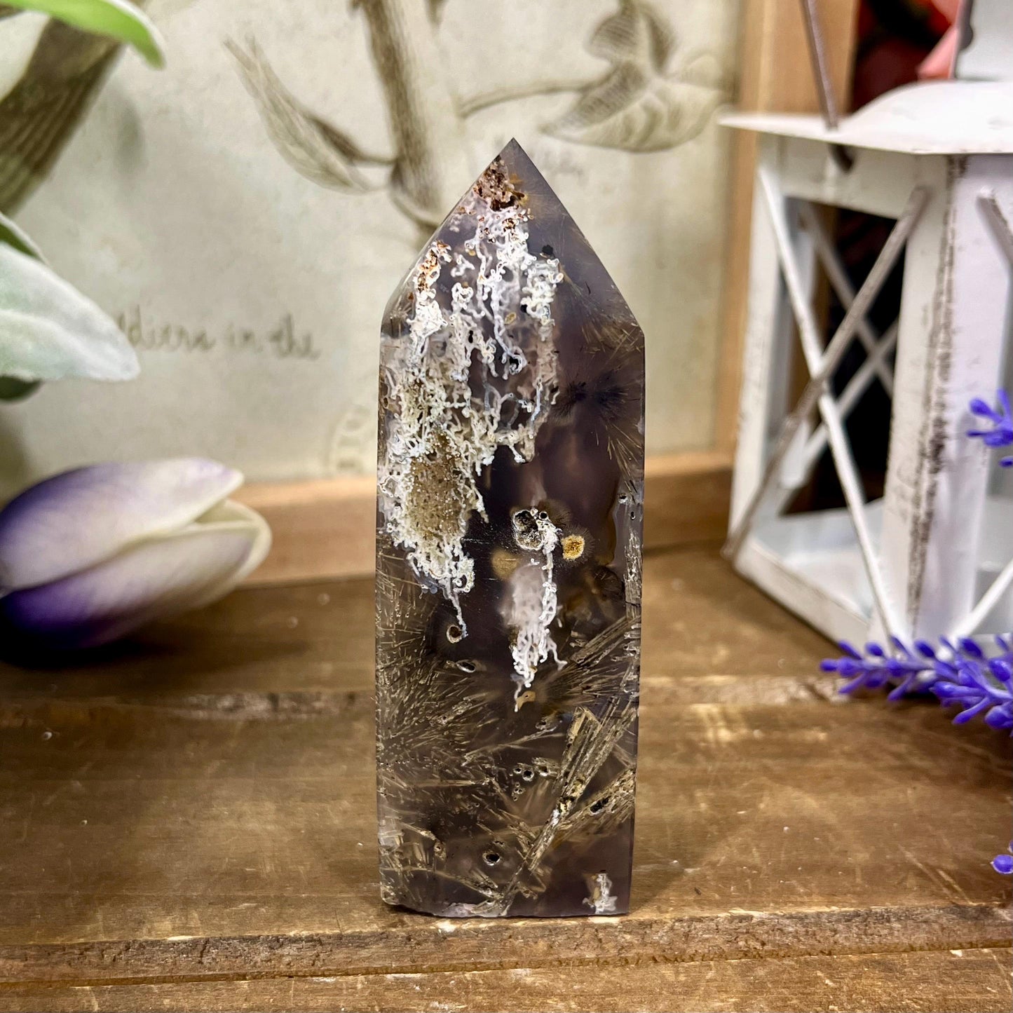 Rare Rutilated Moss Agate Tower | Unique Moss Agate | Rutilated Agate | Rutile