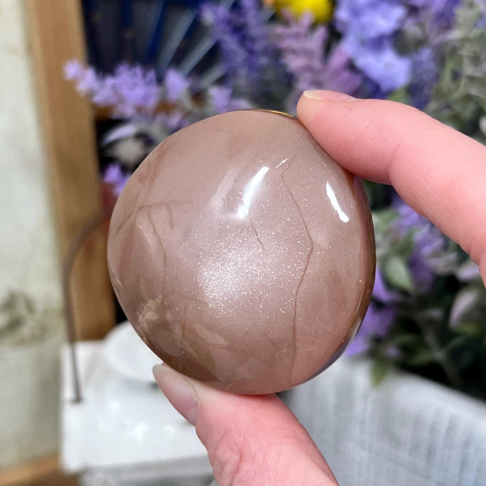 Flashy Peach Moonstone with Sunstone Palm | Confetti Sunstone | Rainbow Sunstone Palm Stone