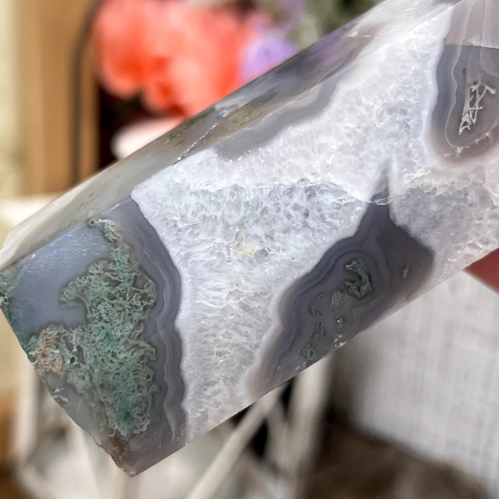 Large High Quality Moss Agate Tower with Quartz