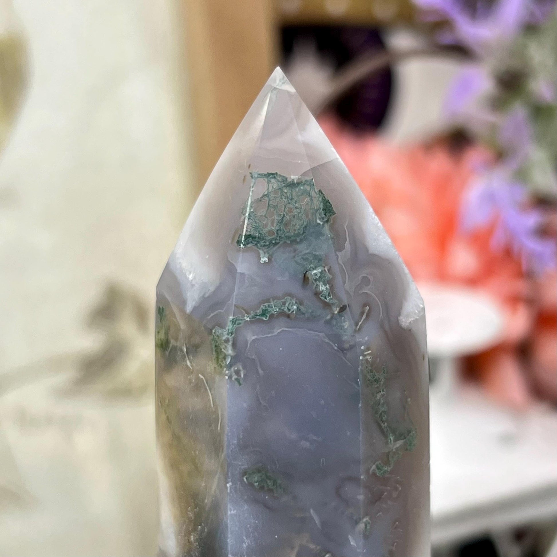 Large High Quality Moss Agate Tower with Quartz