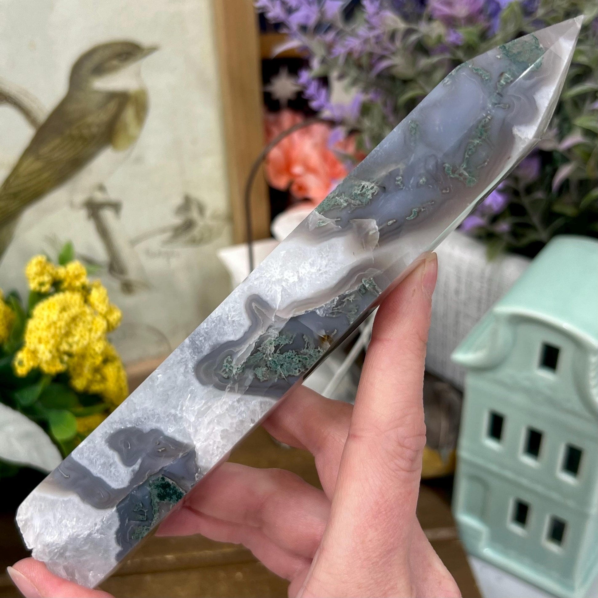 Large High Quality Moss Agate Tower with Quartz