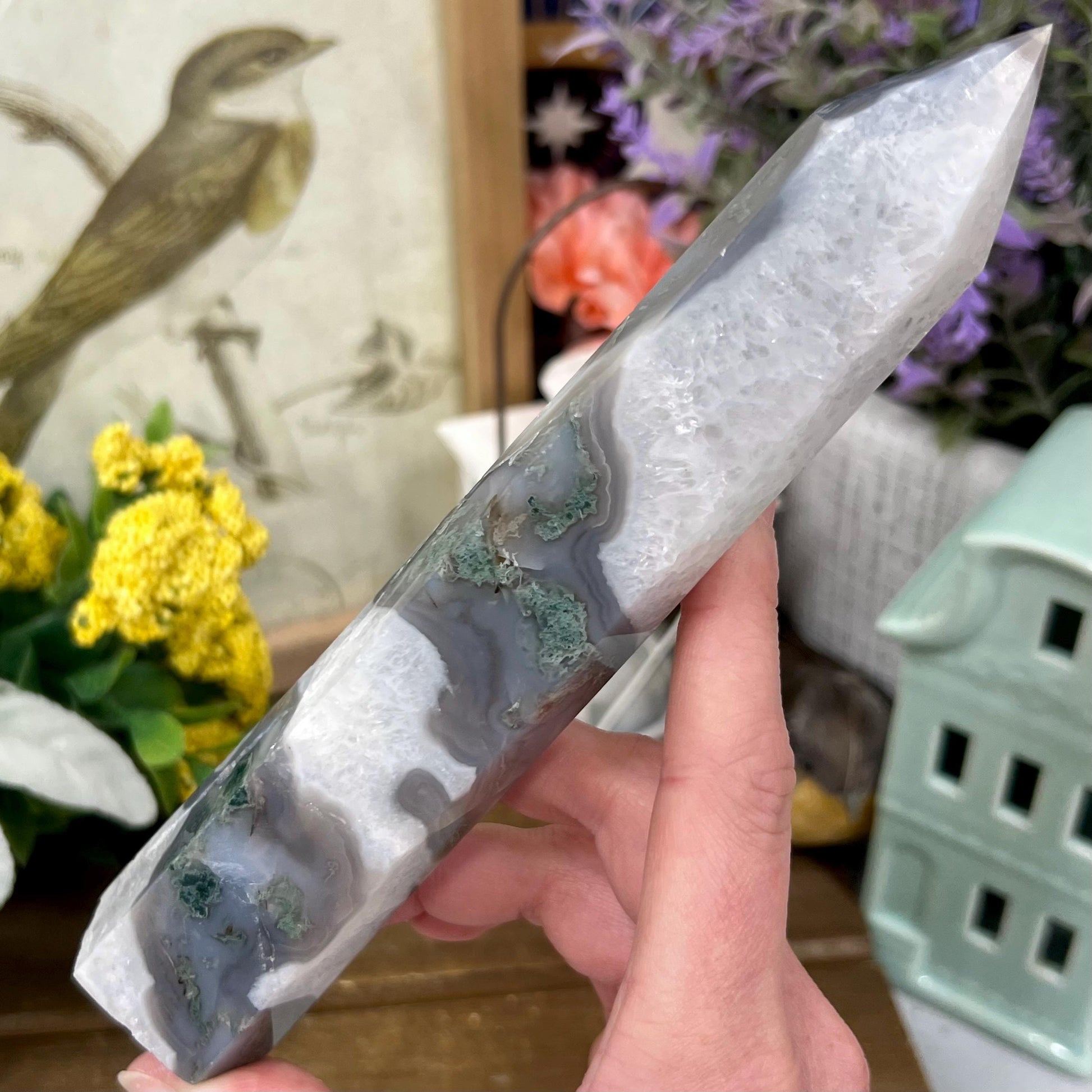 Large High Quality Moss Agate Tower with Quartz