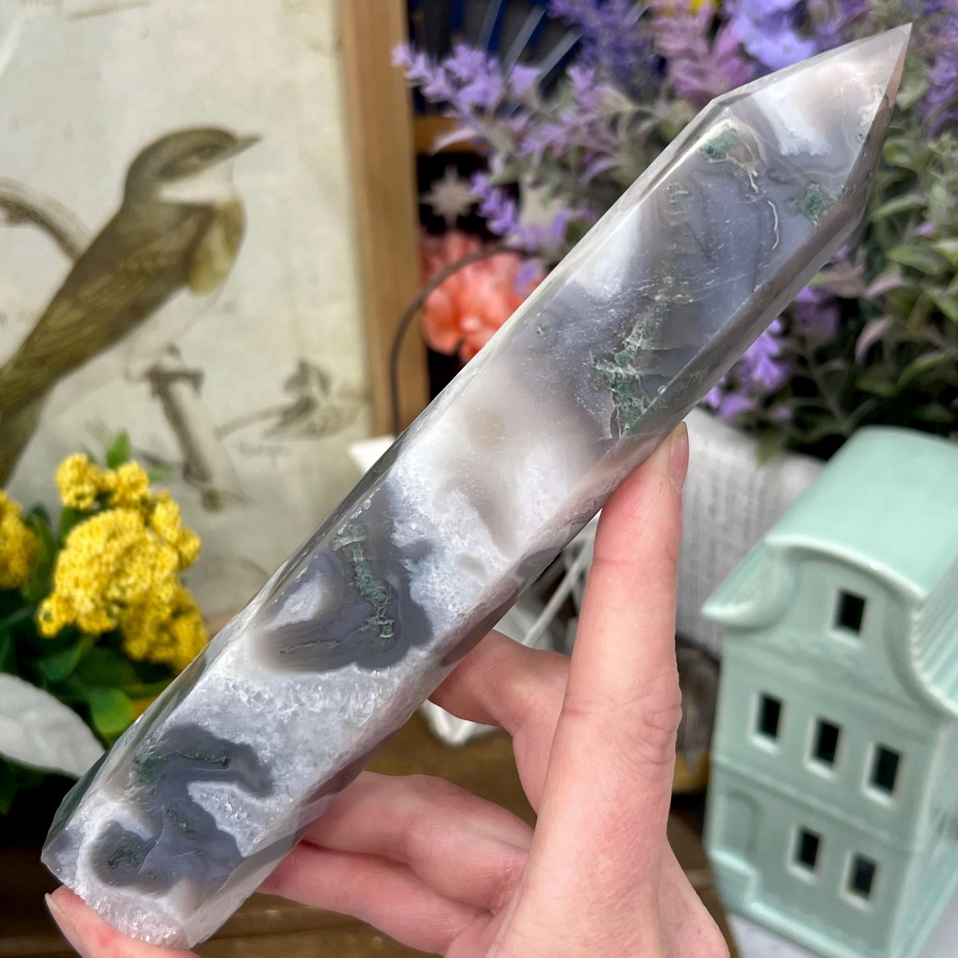Large High Quality Moss Agate Tower with Quartz