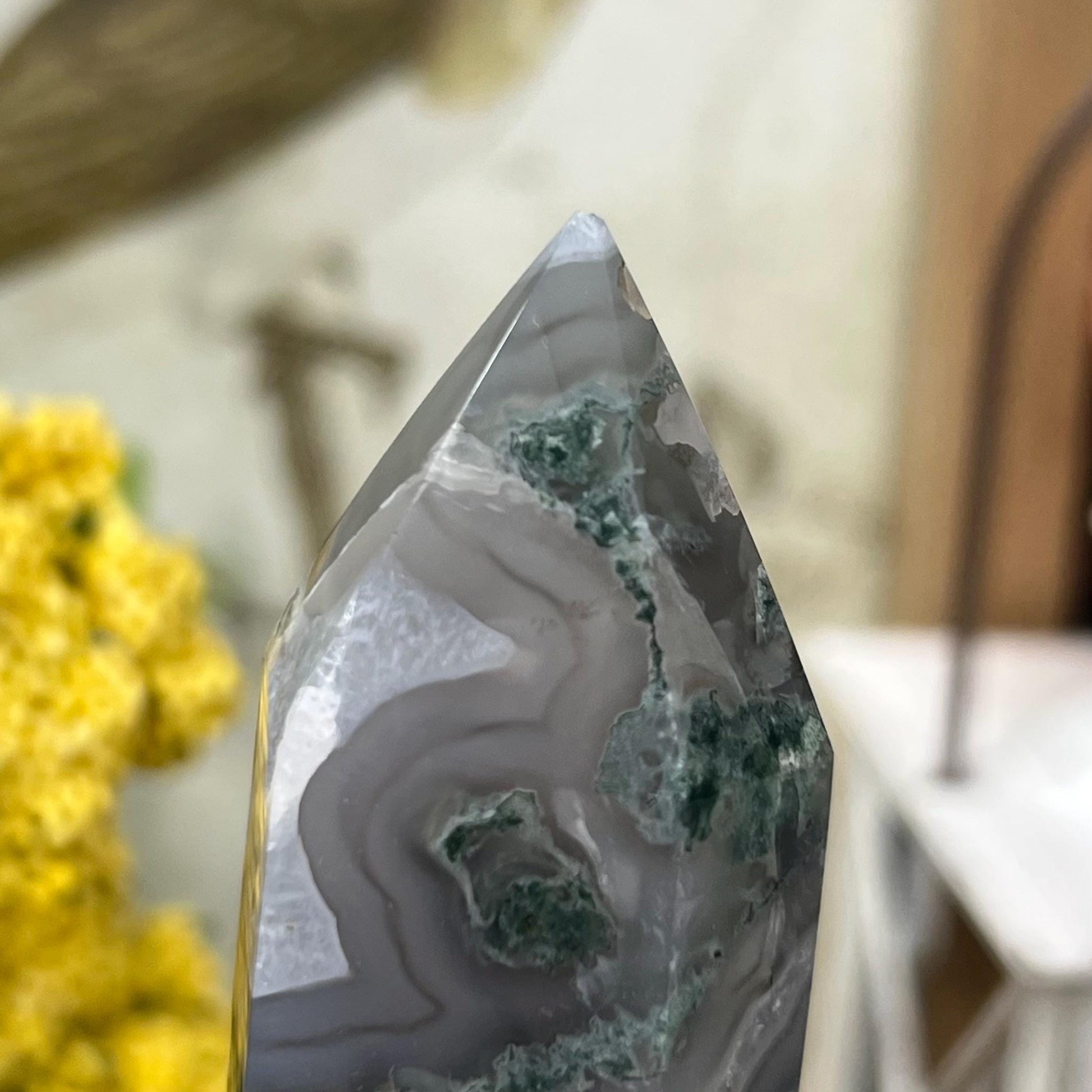High Quality Moss Agate Tower | Druzy Moss Agate - CHIPPED TIP