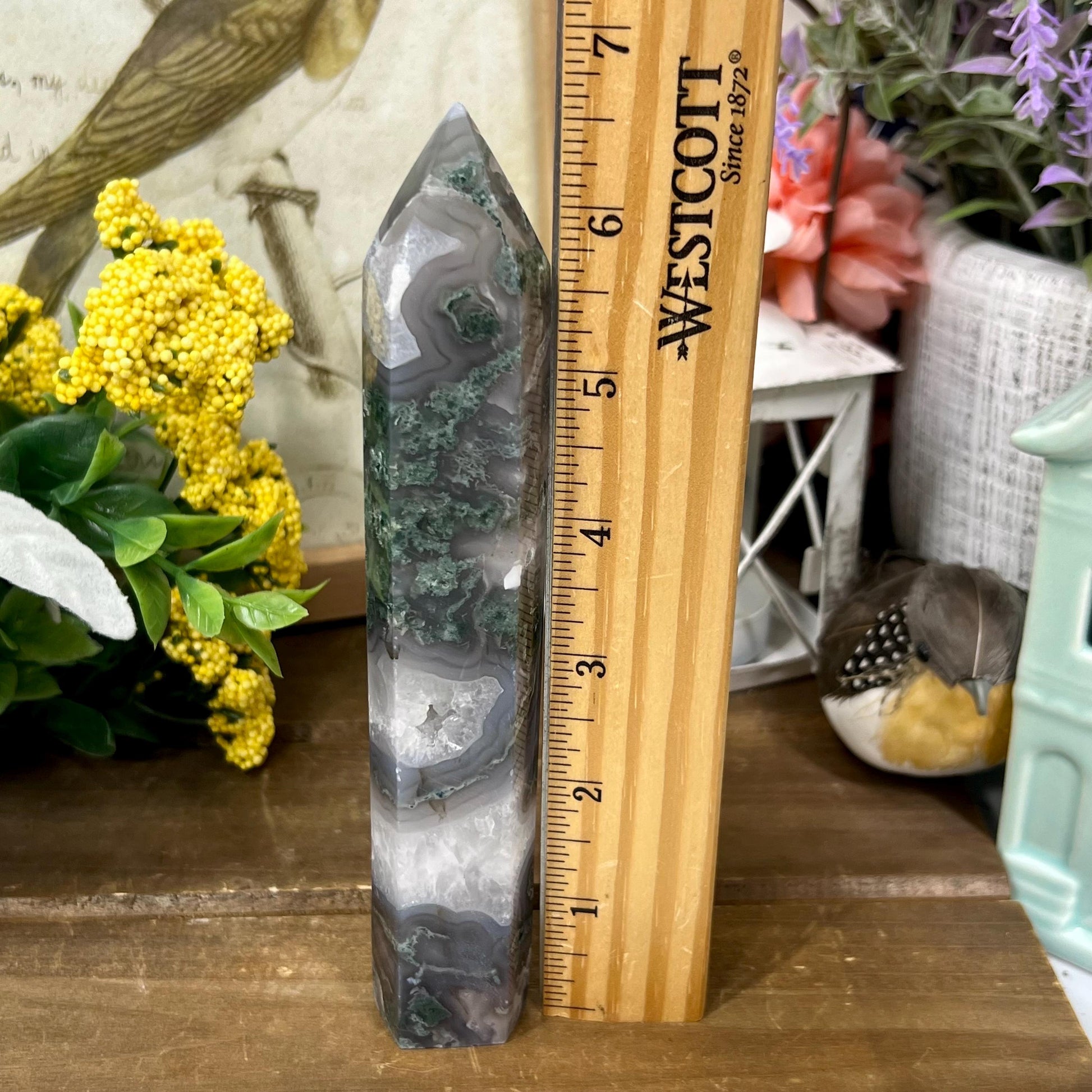 High Quality Moss Agate Tower | Druzy Moss Agate - CHIPPED TIP