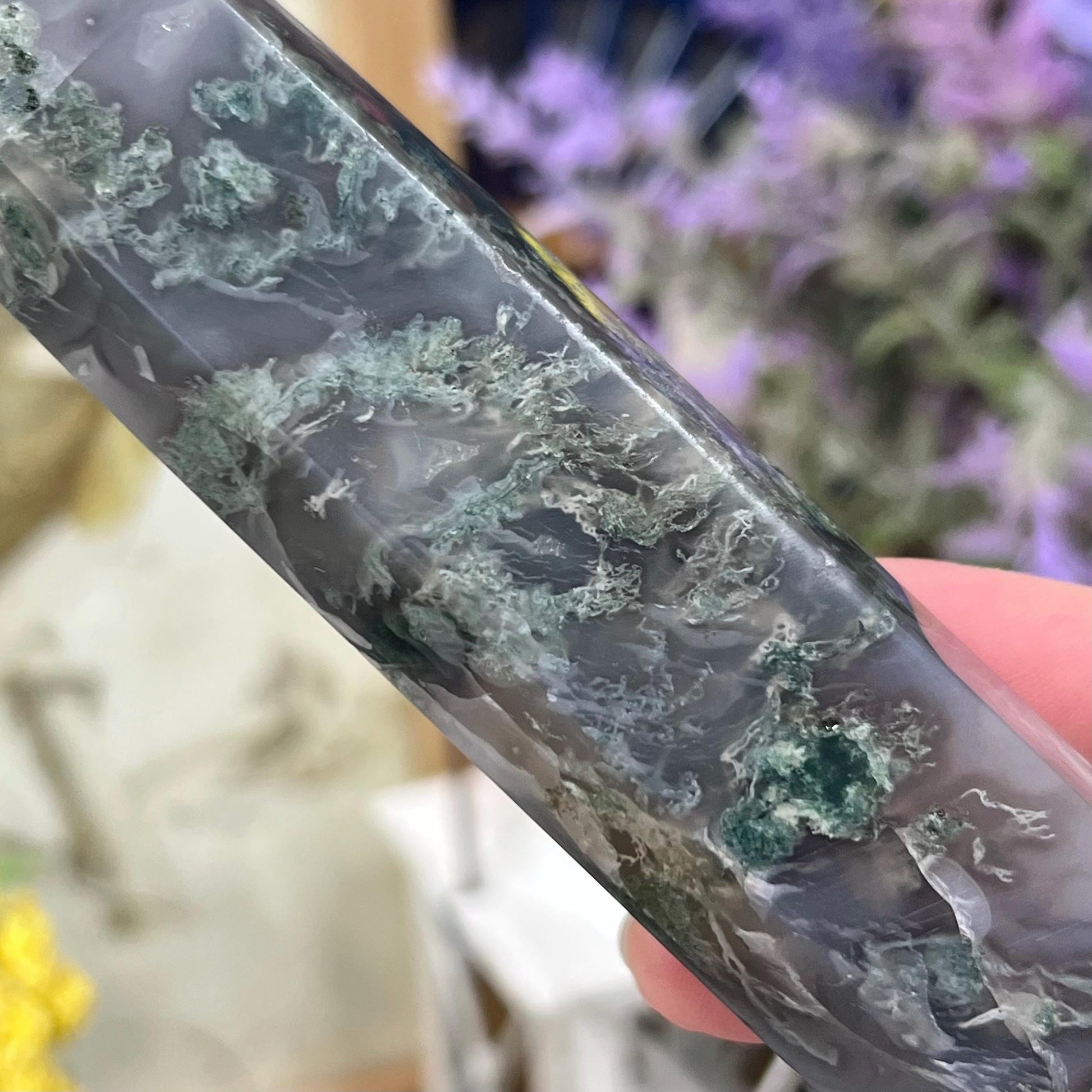 High Quality Moss Agate Tower | Druzy Moss Agate - CHIPPED TIP