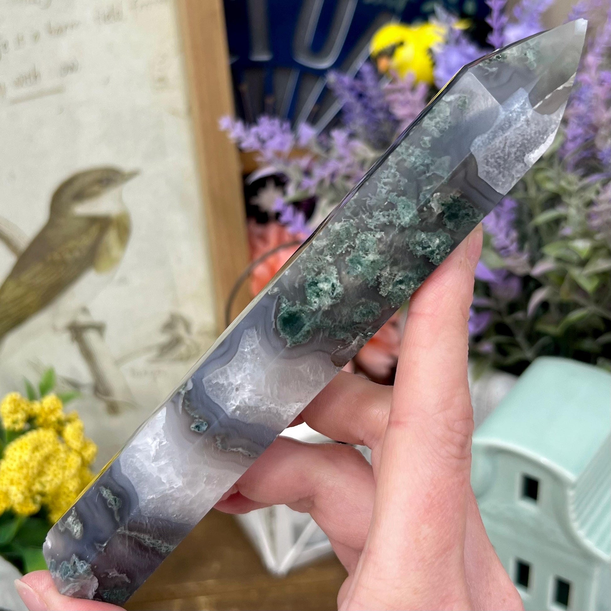 High Quality Moss Agate Tower | Druzy Moss Agate - CHIPPED TIP