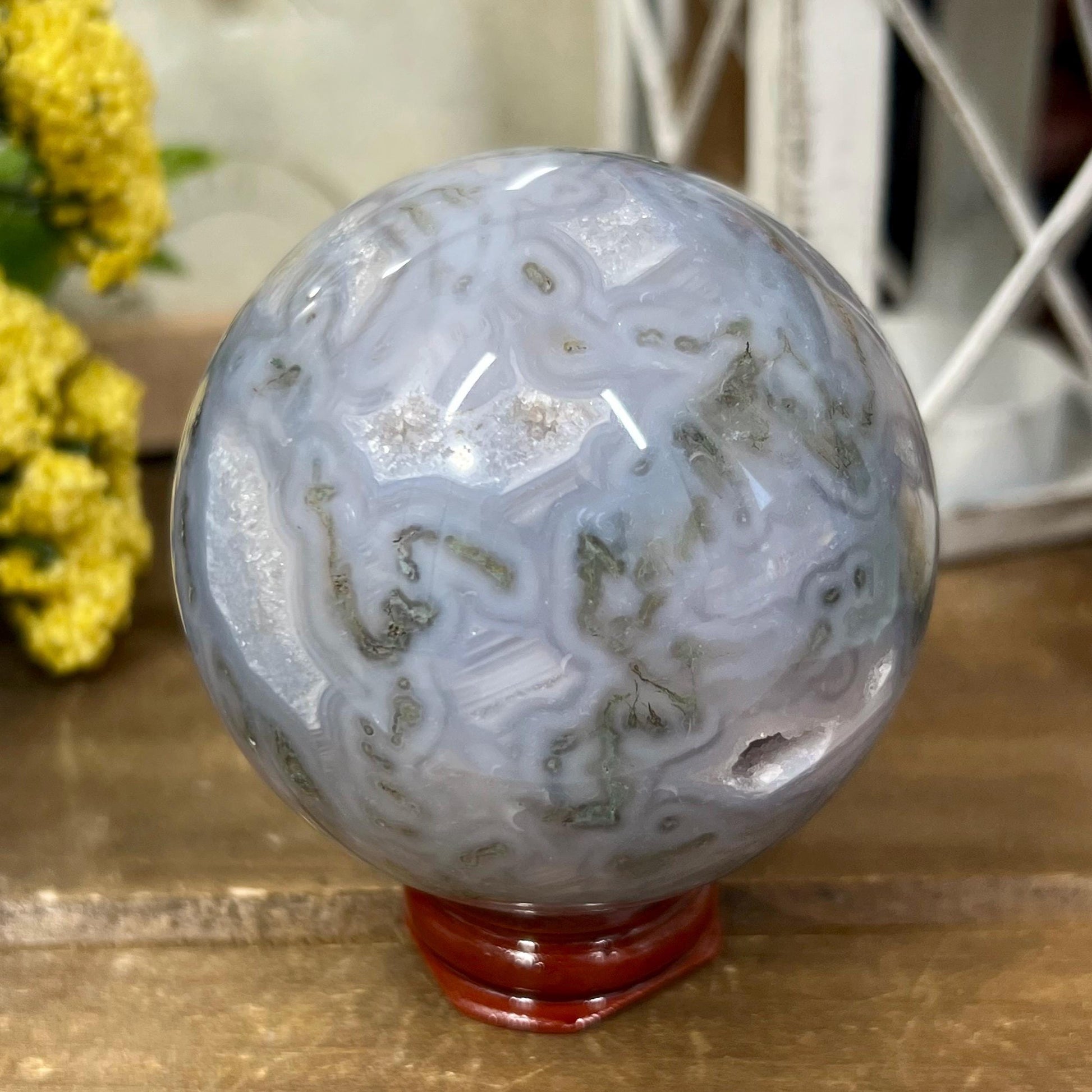 Druzy Moss Agate Sphere | Blue Moss Agate