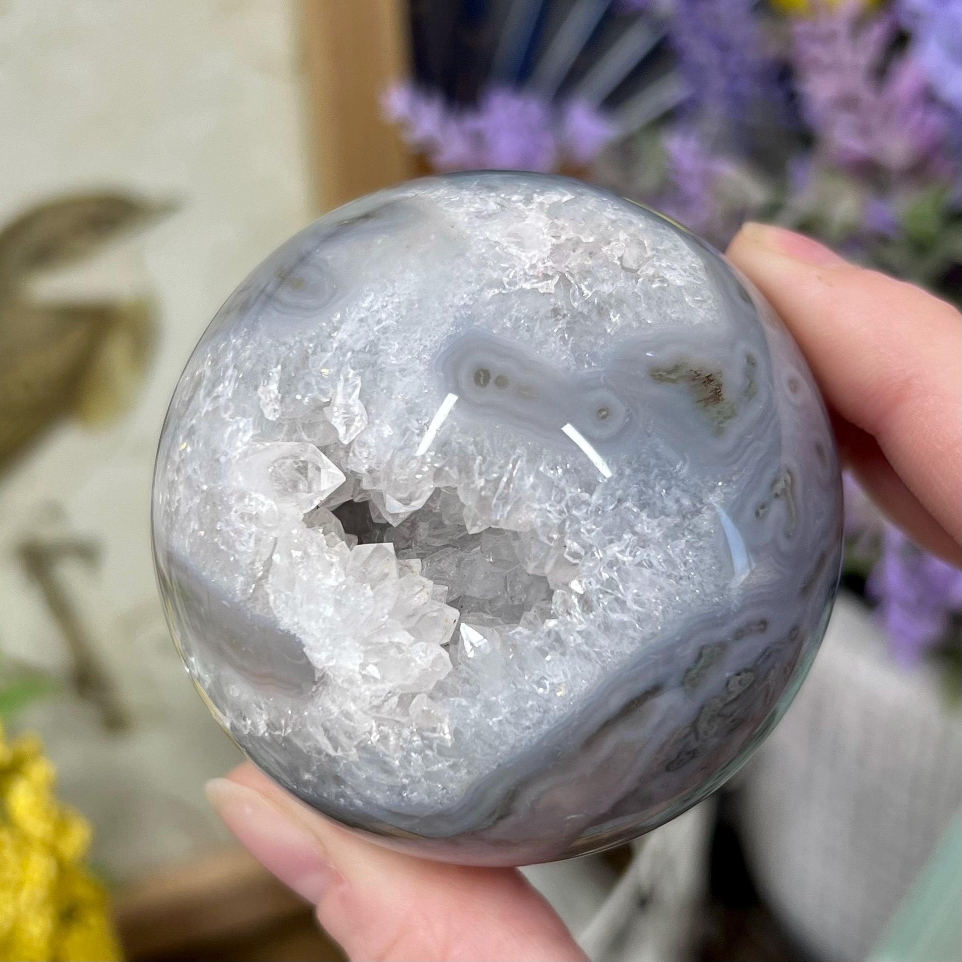 Druzy Moss Agate Sphere | Blue Moss Agate