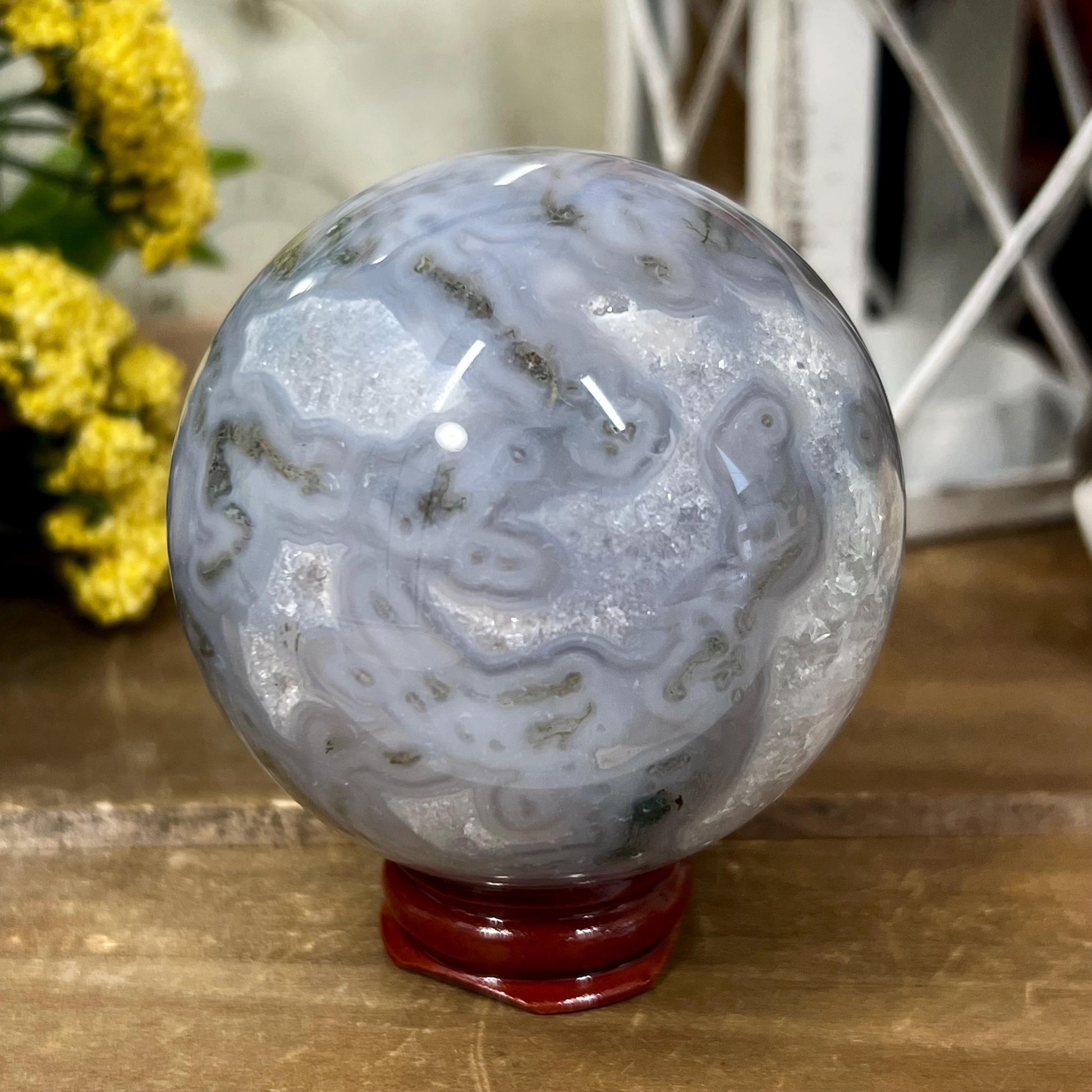 Druzy Moss Agate Sphere | Blue Moss Agate