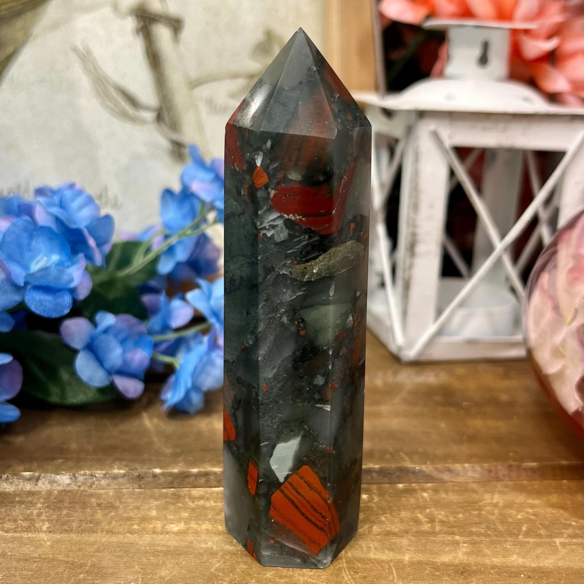 African Bloodstone Tower | African Bloodstone with Pyrite - IMPERFECT TIP