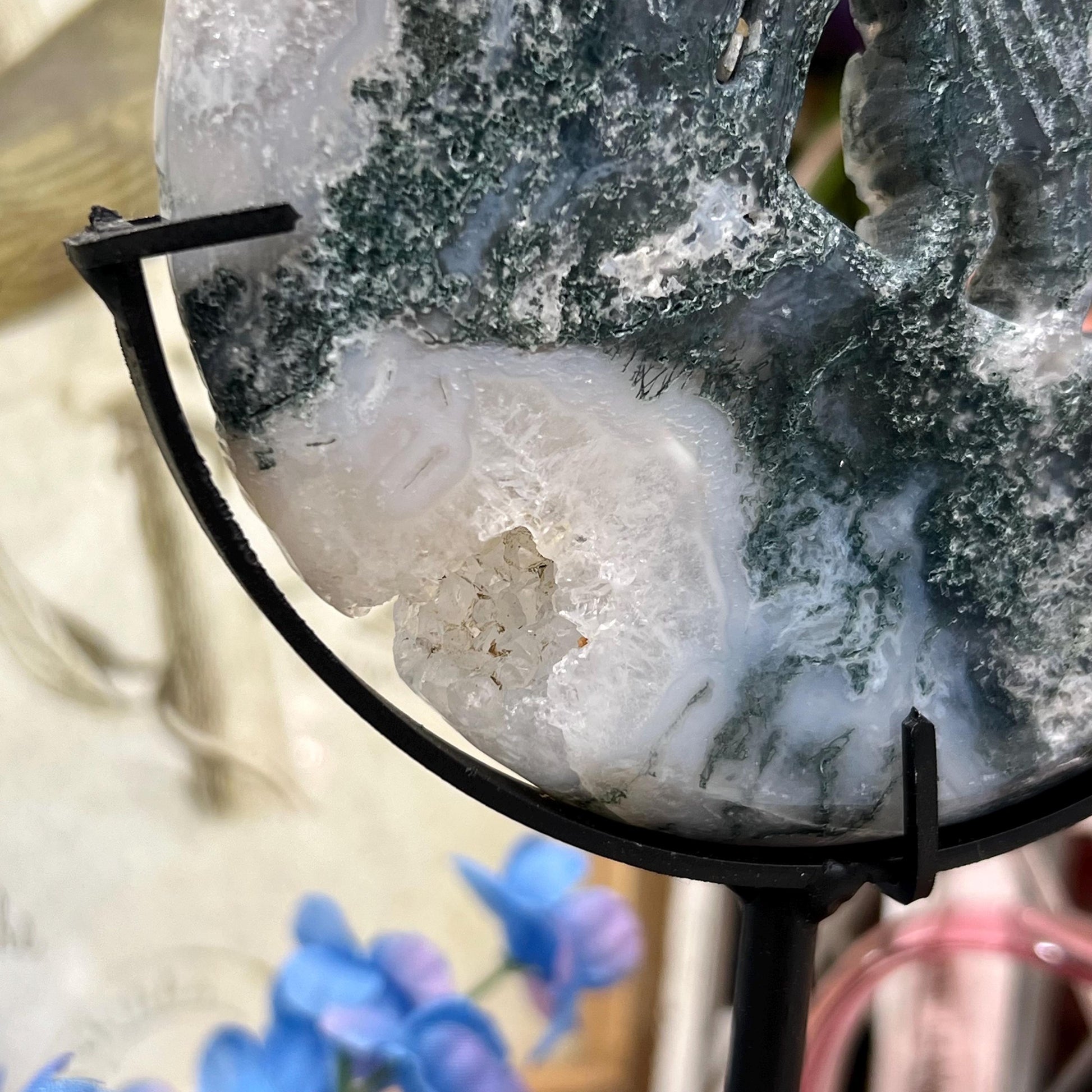 Druzy Moss Agate Howling Wolf on Stand | Crystal Wolf Carving | Crystal Moon | Blue Moss Agate