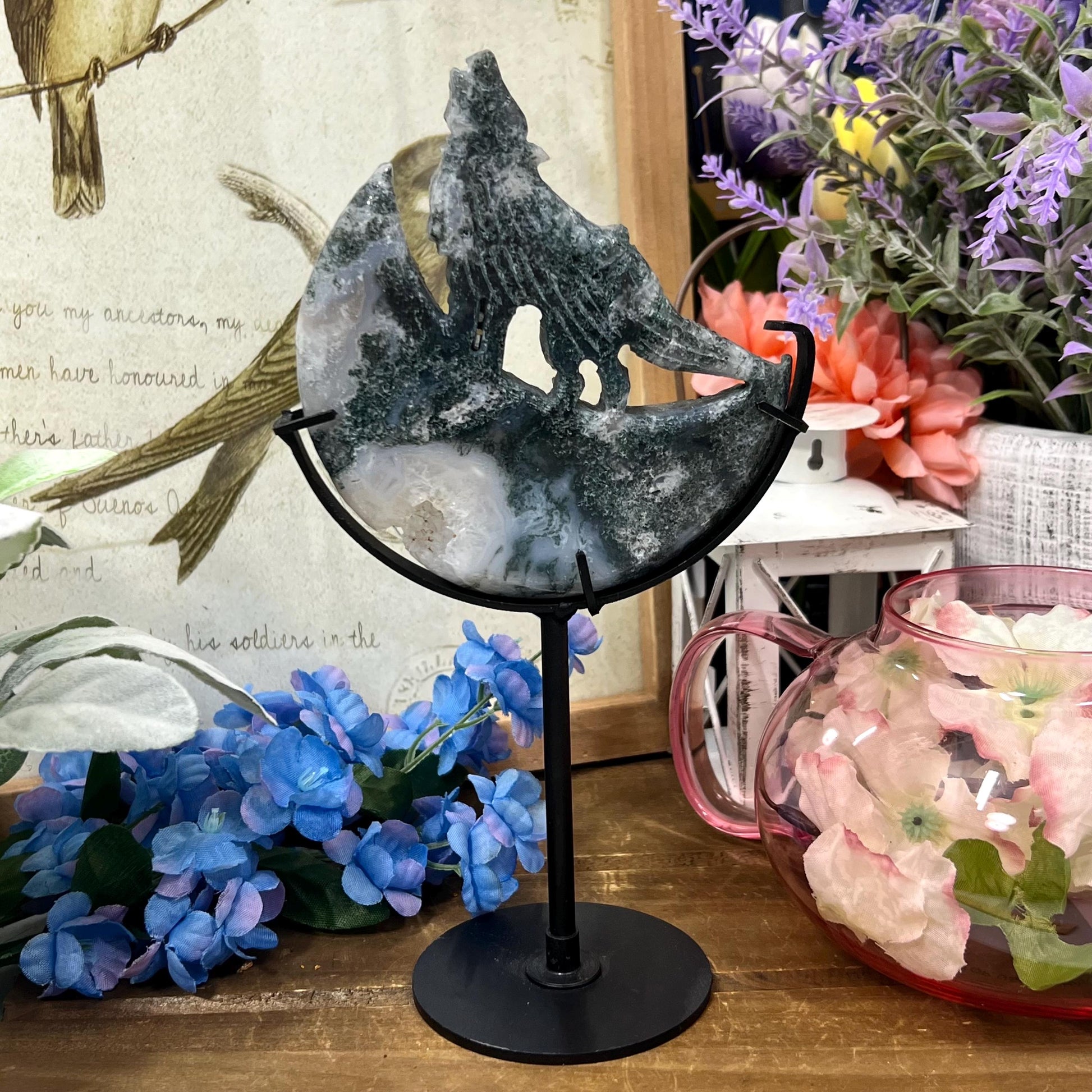 Druzy Moss Agate Howling Wolf on Stand | Crystal Wolf Carving | Crystal Moon | Blue Moss Agate