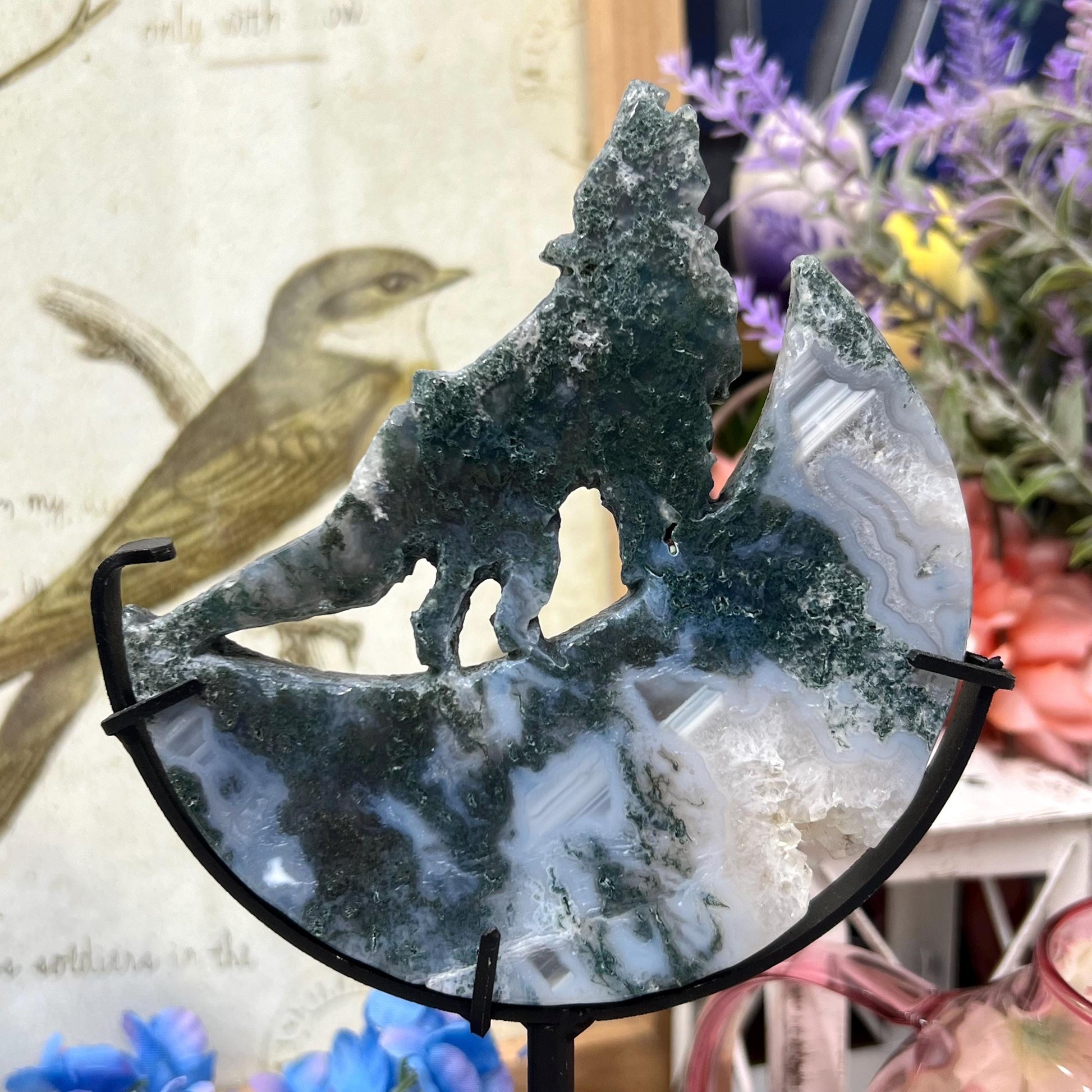 Druzy Moss Agate Howling Wolf on Stand | Crystal Wolf Carving | Crystal Moon | Blue Moss Agate