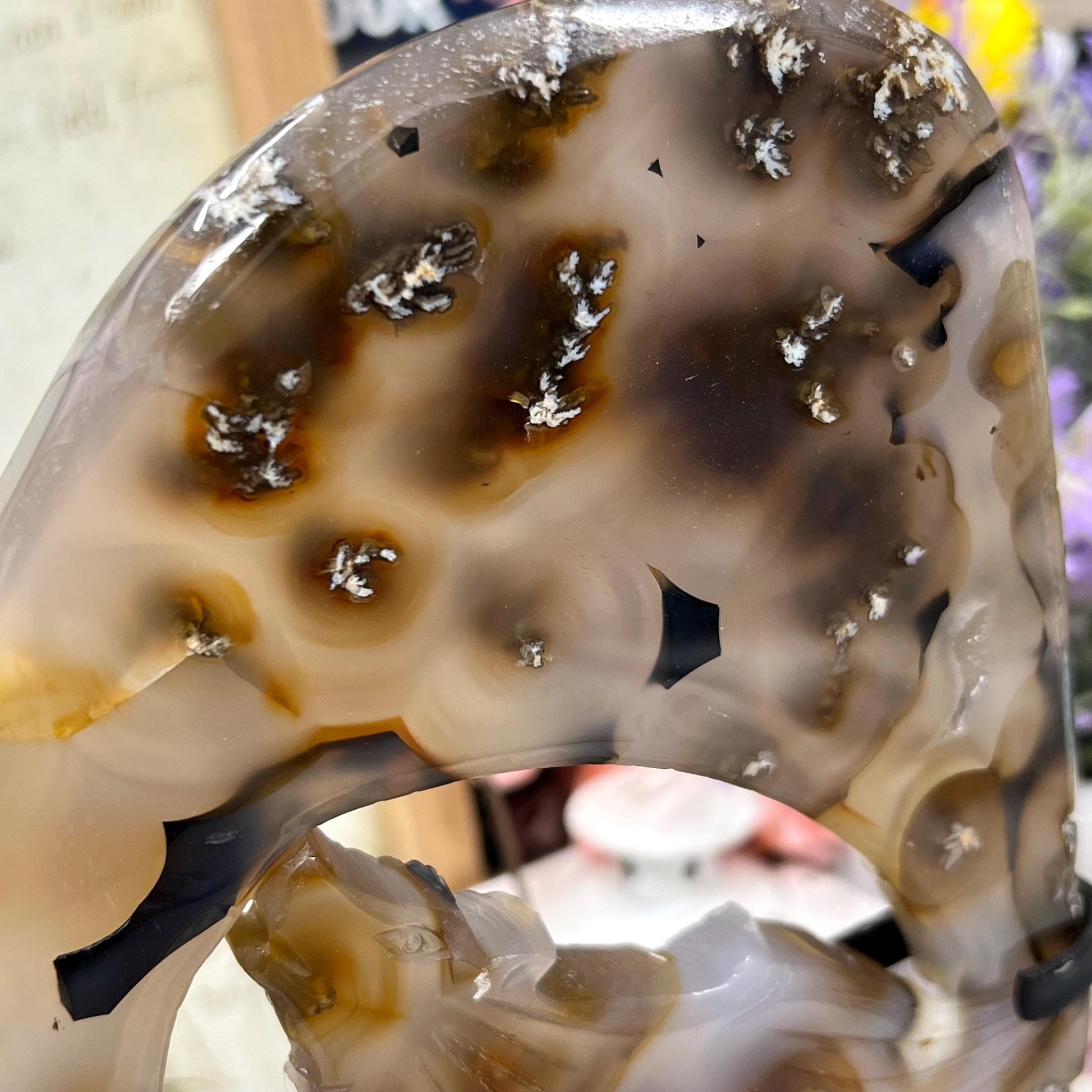 Large Dendritic Agate Wolf on Stand | Crystal Wolf | Howling Wolf Carving