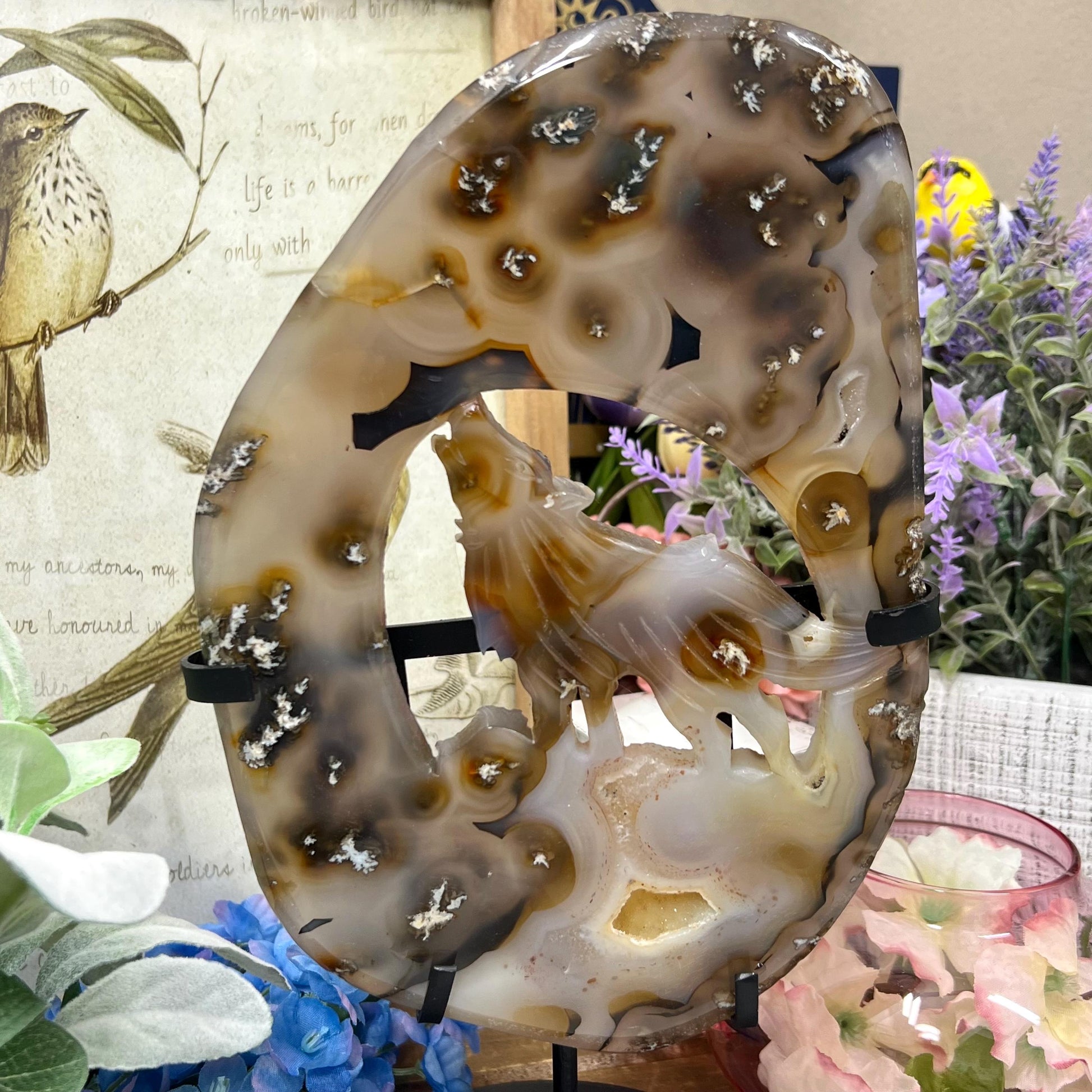 Large Dendritic Agate Wolf on Stand | Crystal Wolf | Howling Wolf Carving