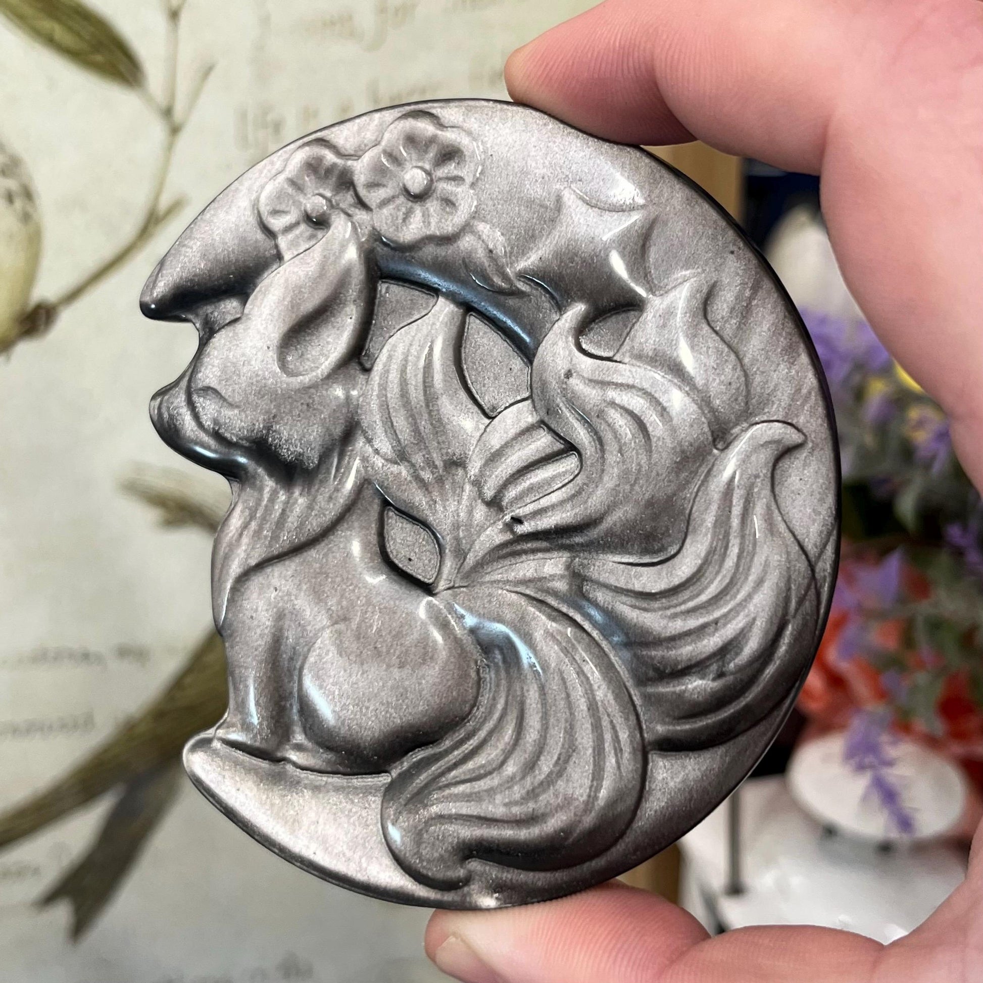 Silver Obsidian Fox Carving with Stand | Silver Sheen Obsidian | Crystal Fox | Crystal Kitsune
