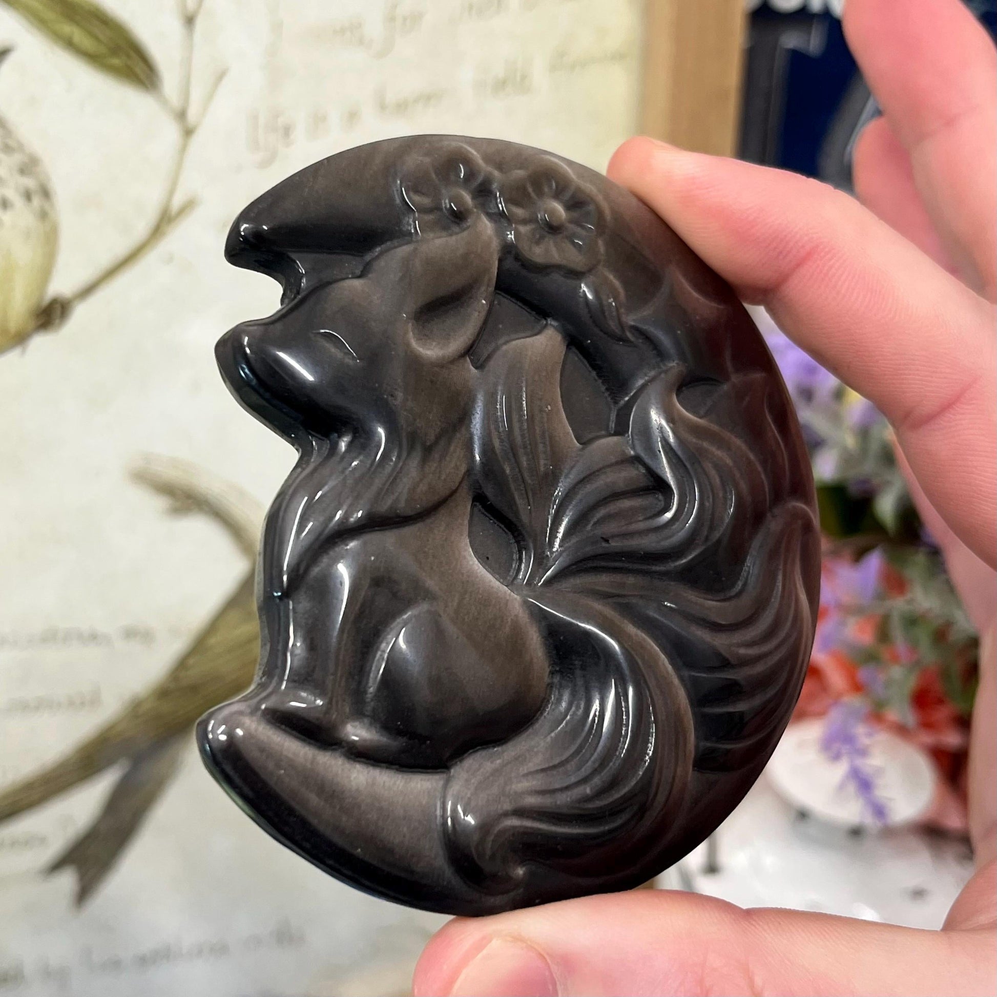 Silver Obsidian Fox Carving with Stand | Silver Sheen Obsidian | Crystal Fox | Crystal Kitsune