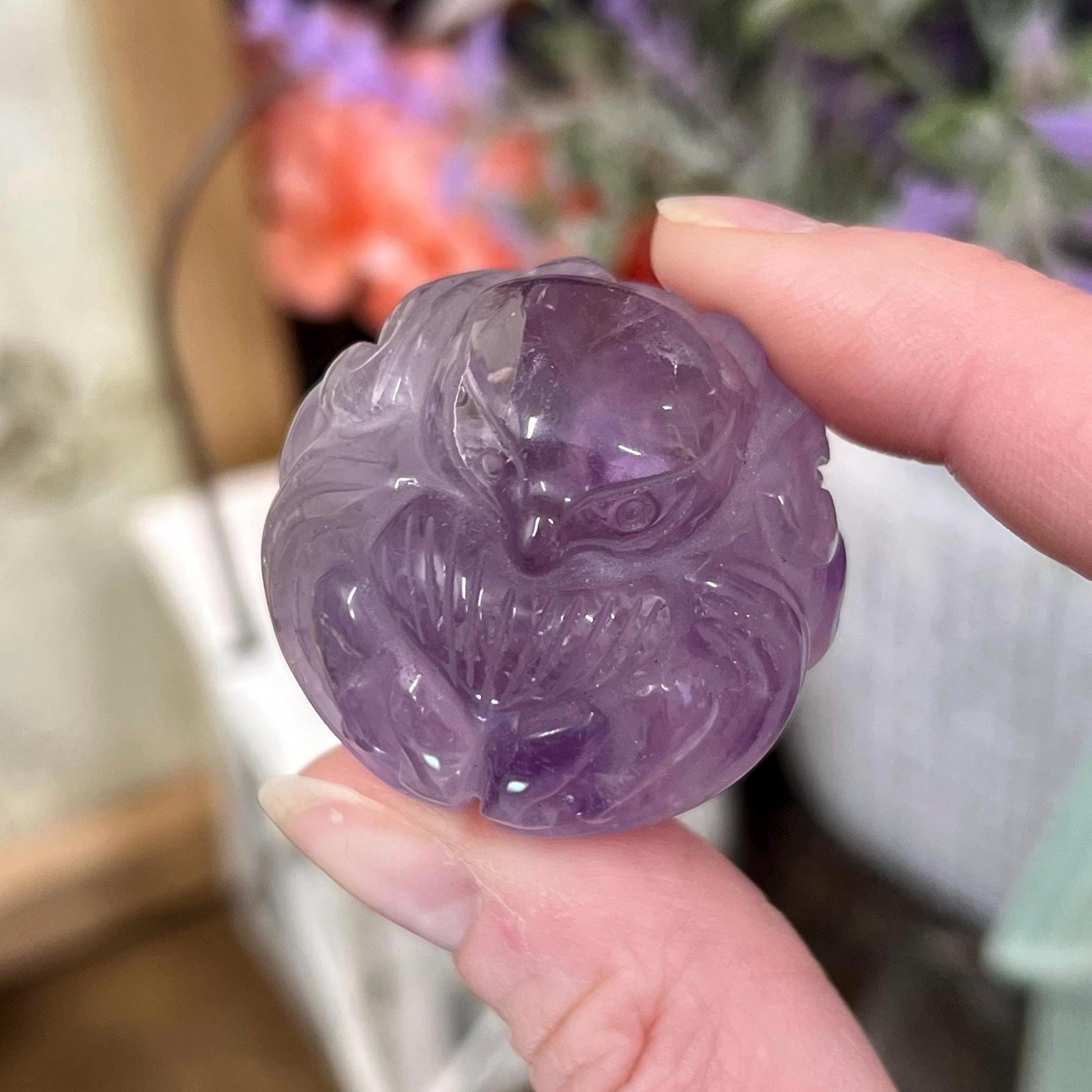 Amethyst Fox Sphere | Crystal Nine Tailed Fox | Amethyst Kitsune Carving | Crystal Fox