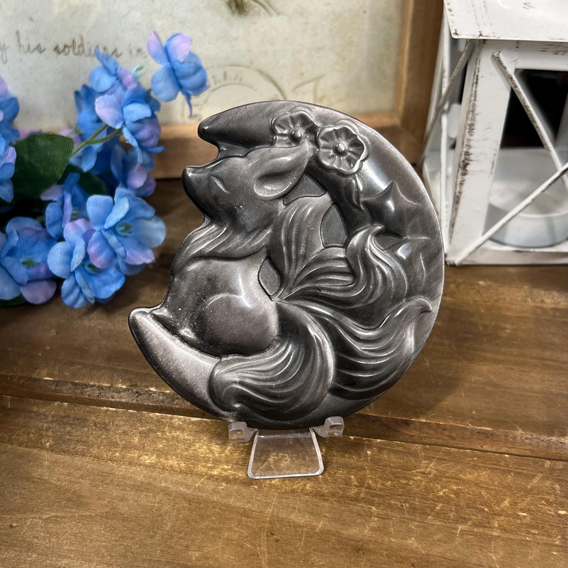 Silver Obsidian Fox Carving with Stand | Silver Sheen Obsidian | Crystal Fox | Crystal Kitsune