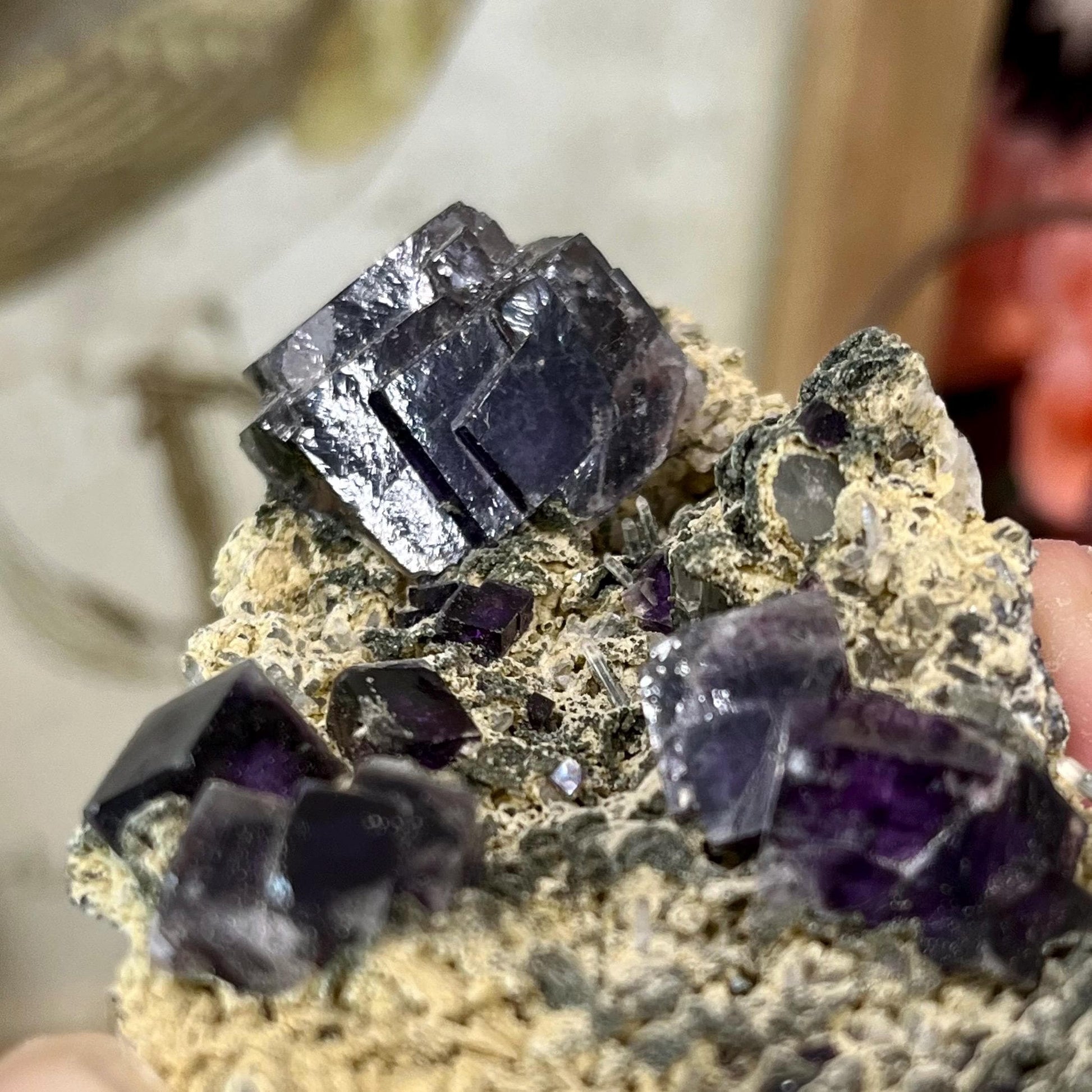 Cubic Fluorite Specimen on Matrix | Dark Purple Fluorite
