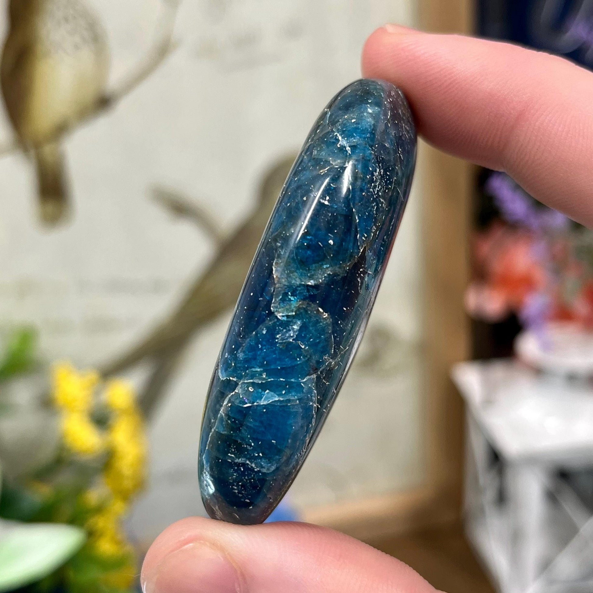 Blue Apatite Palm Stone | Flashy Blue Apatite