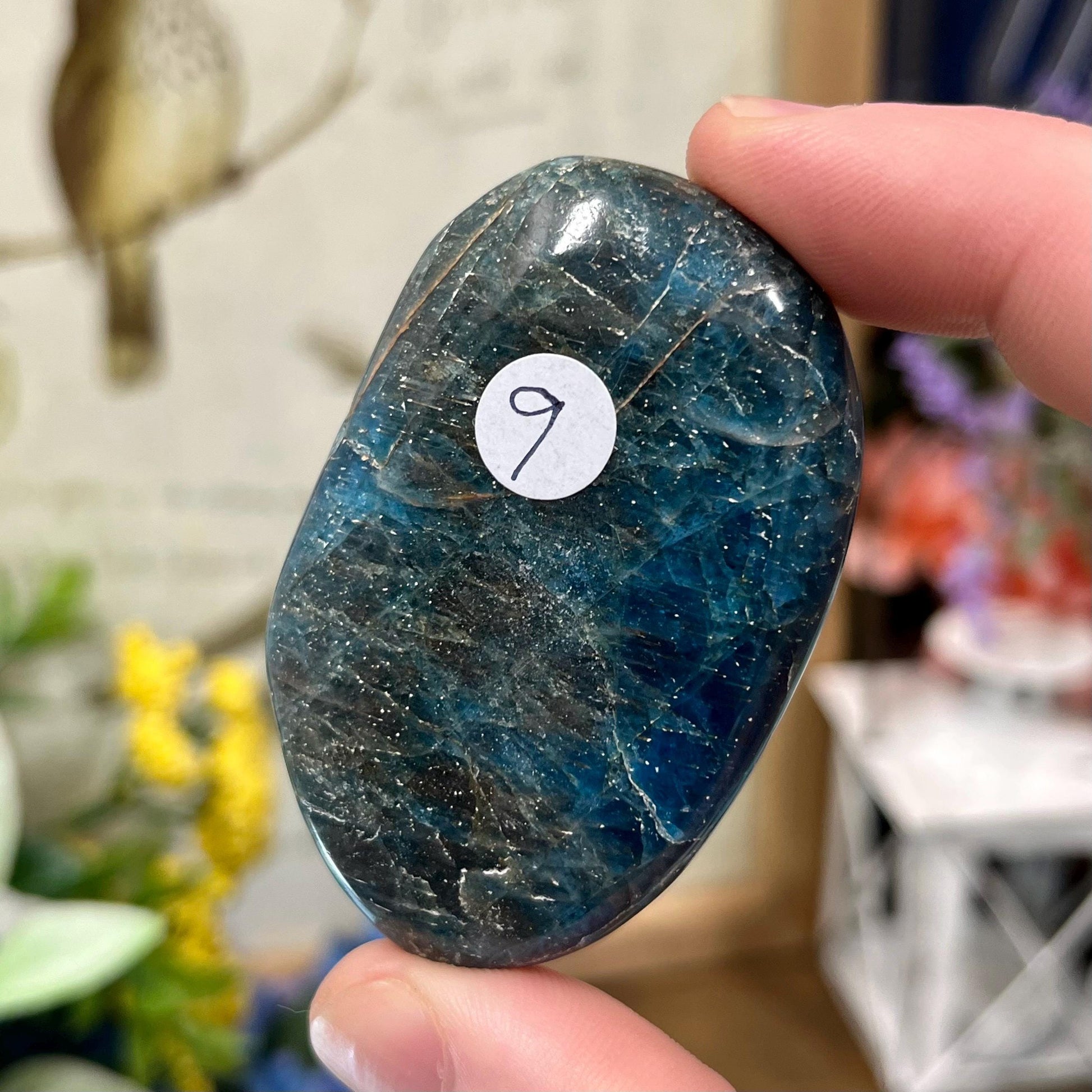 Blue Apatite Palm Stone | Flashy Blue Apatite