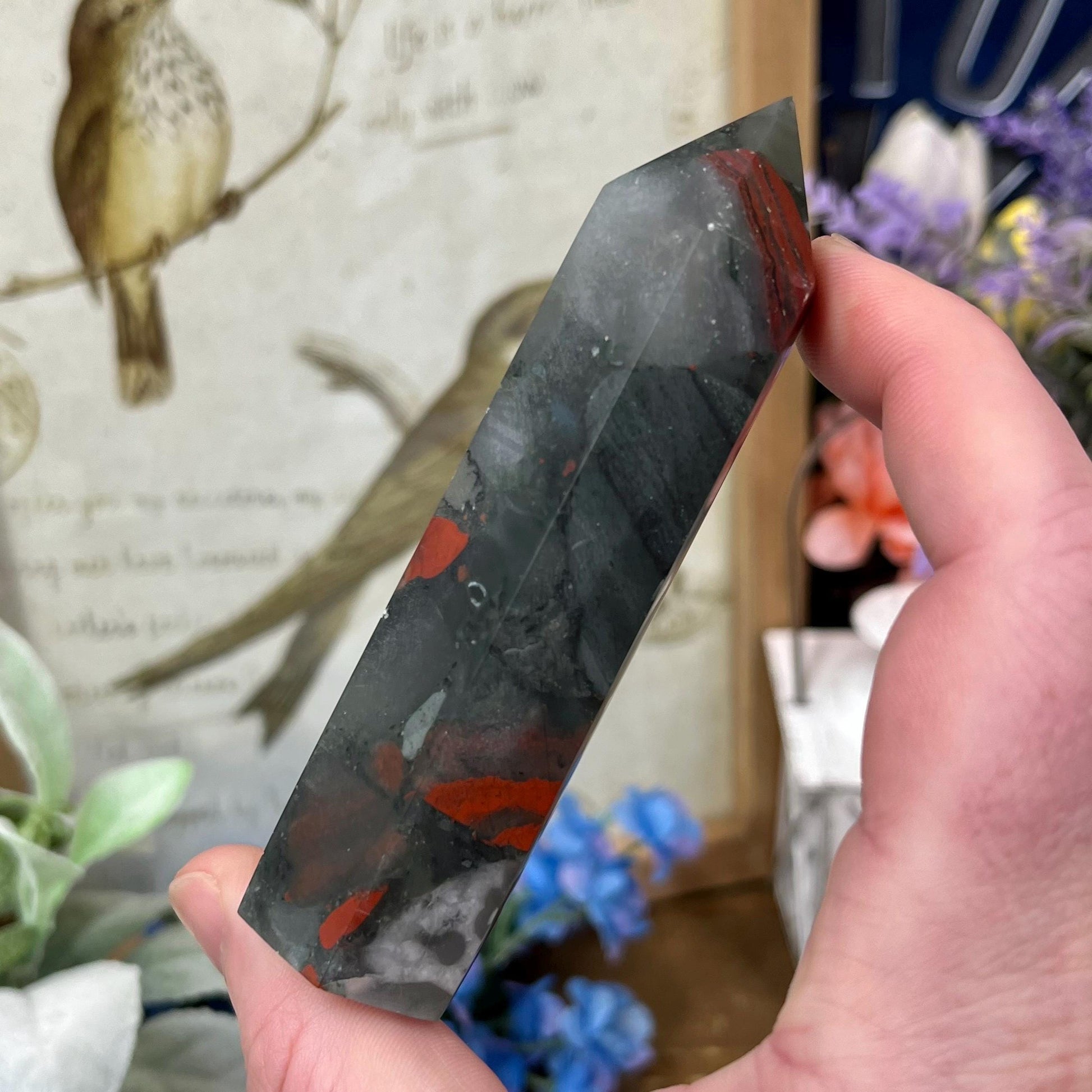 African Bloodstone Tower | African Bloodstone with Pyrite - IMPERFECT TIP